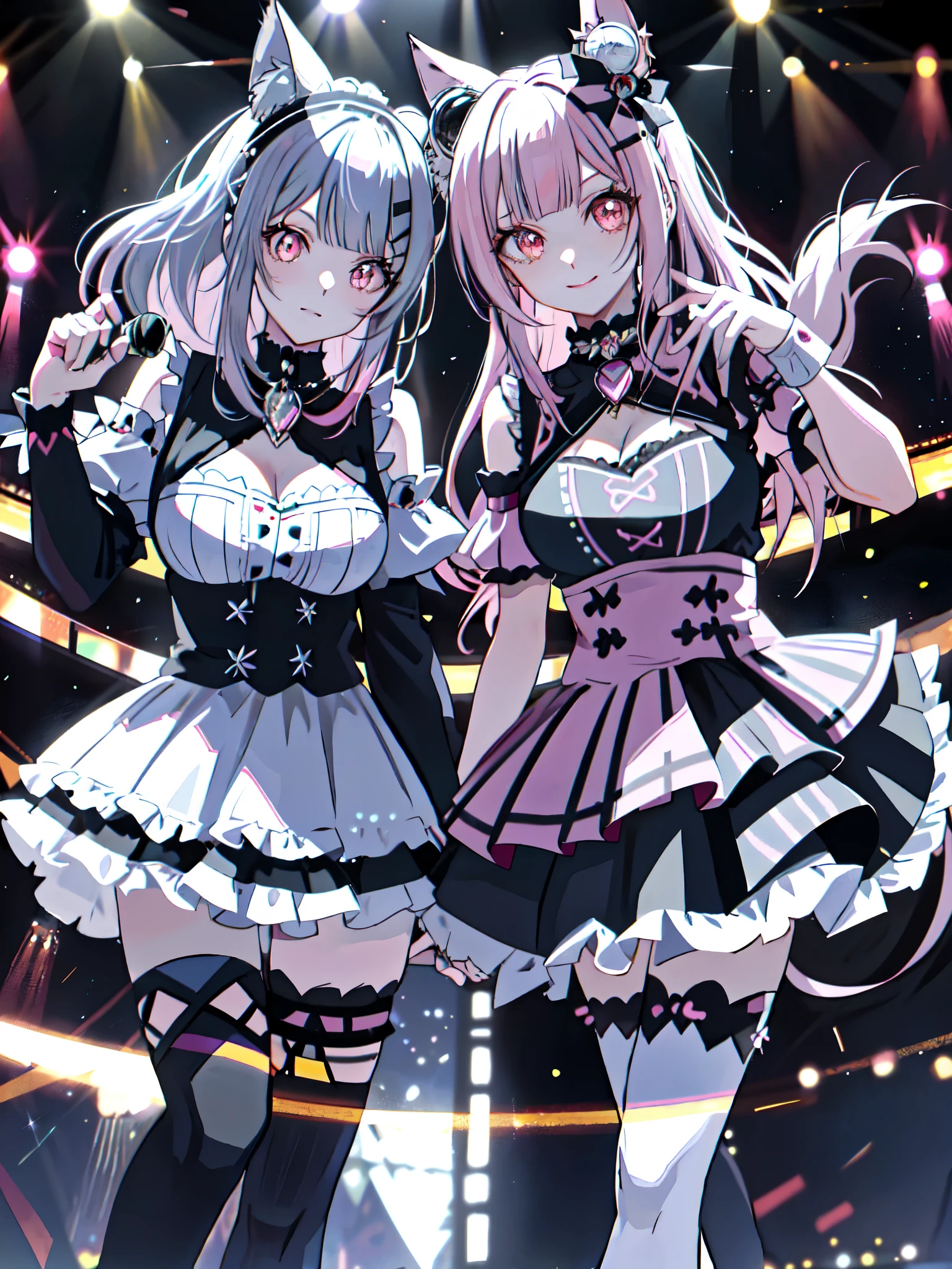 Dynamic angle, 8k, thick paint, upper body, 2 girls, smile, wolf ears, wolf tail, pink eyes, hair between the eyes, striped hair, striped hair, (Colorful hair color: 1))))), (((Random hair color: 1)))), variegated hairstyle: 1, D cup, cleavage, noble, delicate clothes with lots of ruffles and ribbons, , love live outfits, Idolmaster costumes, jewels, (on the large AI stage))), singing on the AI stage, holding the microphone with the left, best live, professional lighting, concerts, guerrilla live, ((get the city of Shibuya in the background, lots of customers)), (panty shot, cute panties)
