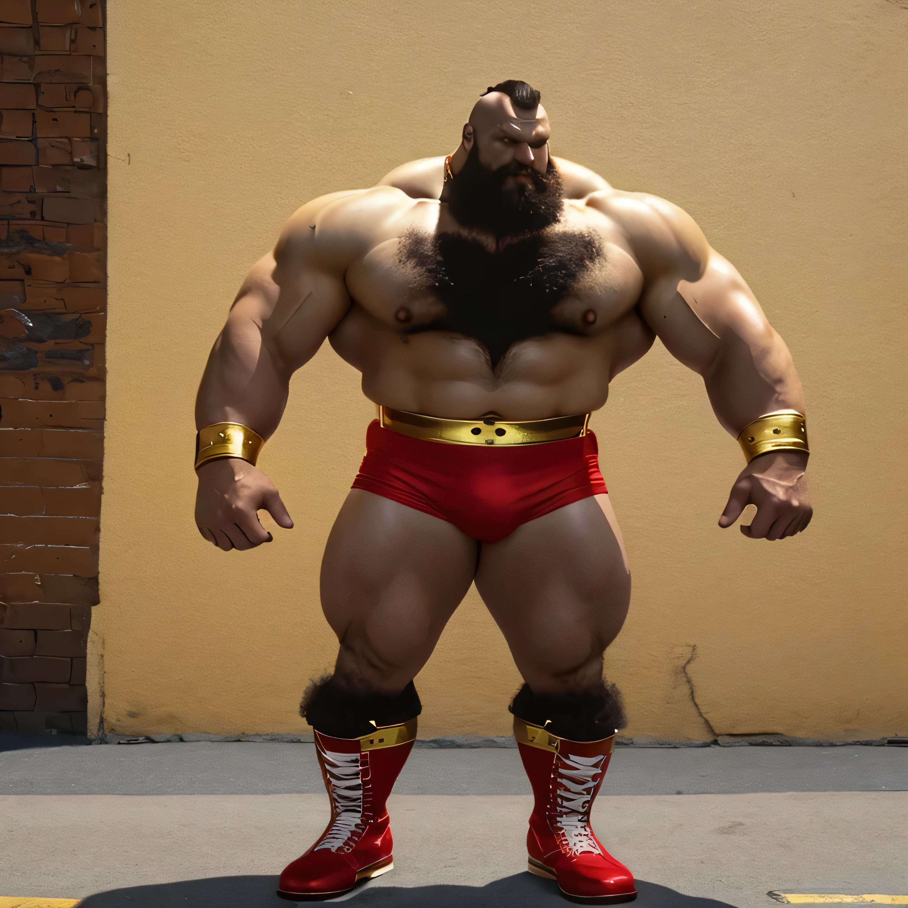 zangief,a man with a beard and a golden belt, fighting game character, street fighter 5,muscled humanoid,heavy looking,buff man,wrestler,Red short briefs,capcom,street fighter,shirtless,muscular male,chest hair,visually weighty,bearded man,mohawk hair,no wristband,Red Wrestling Boots,best quality