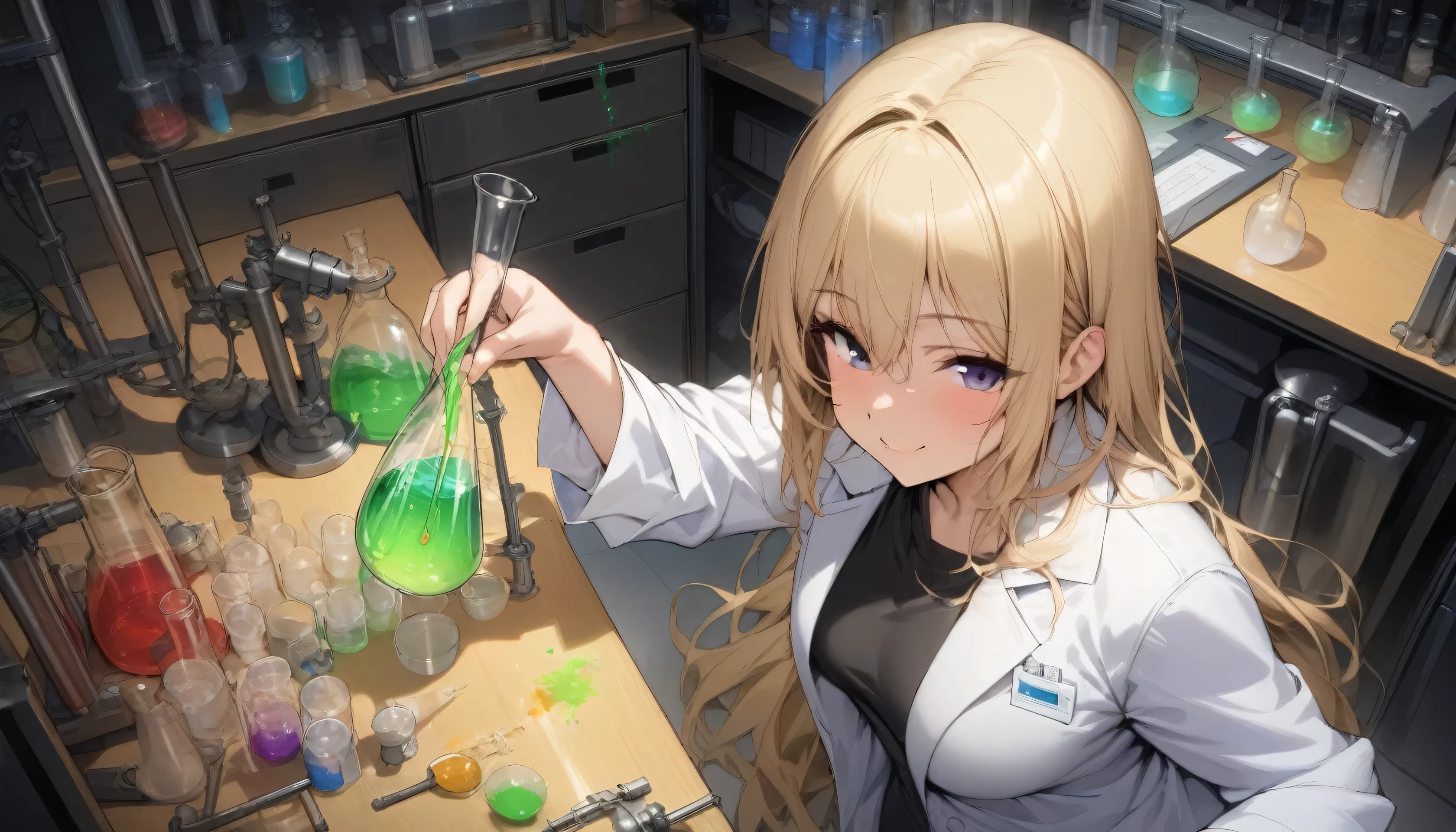 1girl, solo, long hair, blonde hair, from above, smile, masterpiece, best quality, lab coat, mixing chemicals in a lab, masterpiece, best quality, hand, pouring a liquid into a glass vase in laboratorium, night