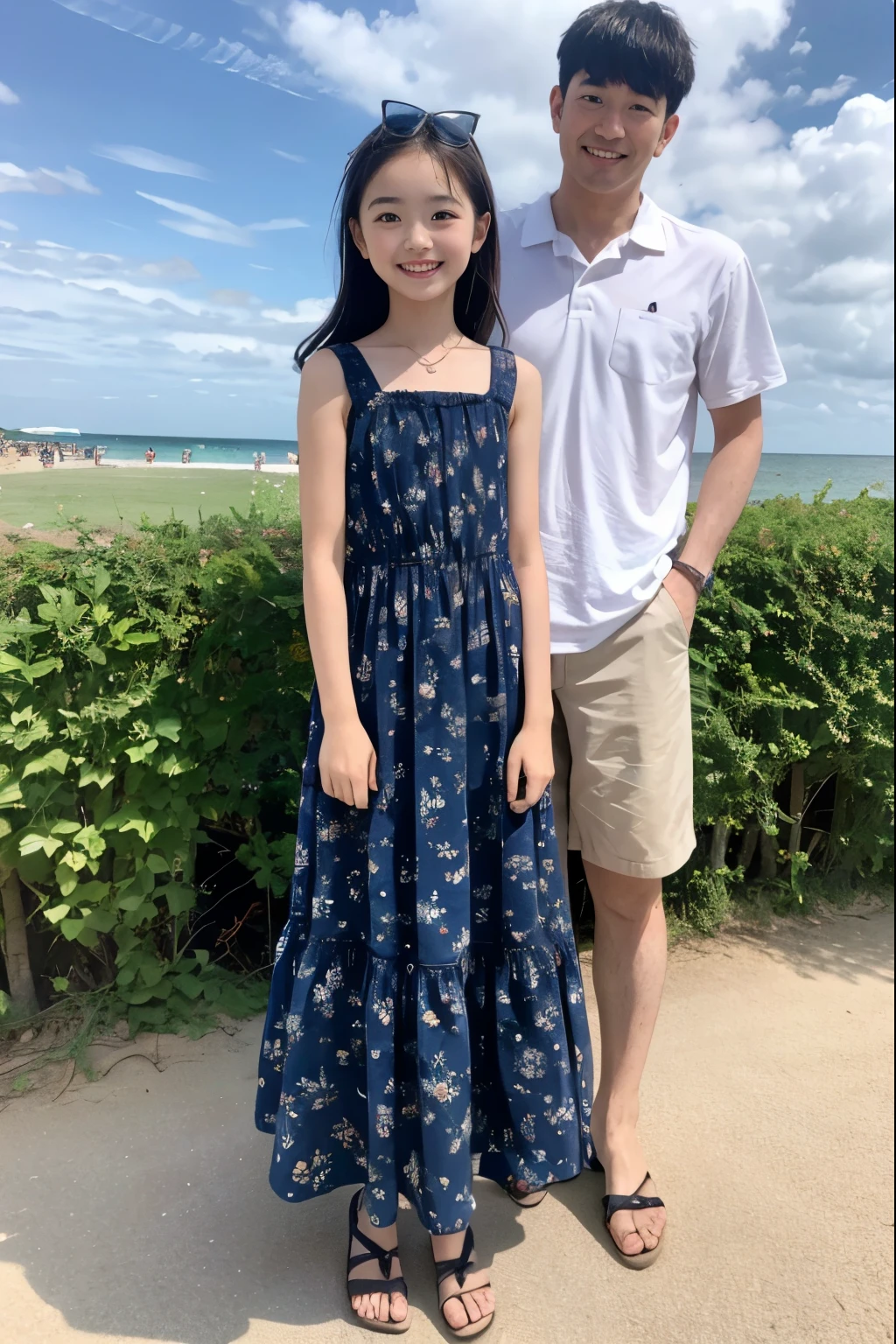 Realistic, father and daughter, (realistic, 1 girl, 8 years old, adorable face, cute face, detailed face, detailed eyes, smiling, wearing dress). (realistic, 1 faceless man, standing behind a girl, tall man, casual clothing). On the beach, people in the background, 