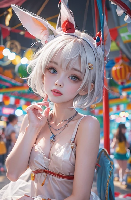 18-year-old, Wide-angle lens, a girl wearing colorful clown costume、Woman enjoying merry-go-round at night,thin、Serious expression、Short-haired、Deadly position, Gorgeous Necklace, Light milky porcelain skin, Smooth, Translucent white skin, Enchanting anime girl, Beautiful and seductive anime woman, Super realistic sweet bunny ears girl, Pale porcelain white skin, Smooth, Realistic and perfect body, Anime Girl Cosplay, Perfect body with realistic shadows, Switzerland'masterpiece, There is a real white rabbit. Red eyes and blue eyes