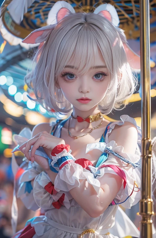 28 years old, Wide-angle lens, Woman in a very colorful clown costume、Woman enjoying merry-go-round at night,thin、Serious expression、Short-haired、Deadly position, Gorgeous Necklace, Light milky porcelain skin, Smooth, Translucent white skin, Enchanting anime girl, Beautiful and seductive anime woman, Super realistic sweet bunny ears girl, Pale porcelain white skin, Smooth, Realistic and perfect body, Anime Girl Cosplay, Perfect body with realistic shadows, Switzerland'masterpiece, There is a real white rabbit.
