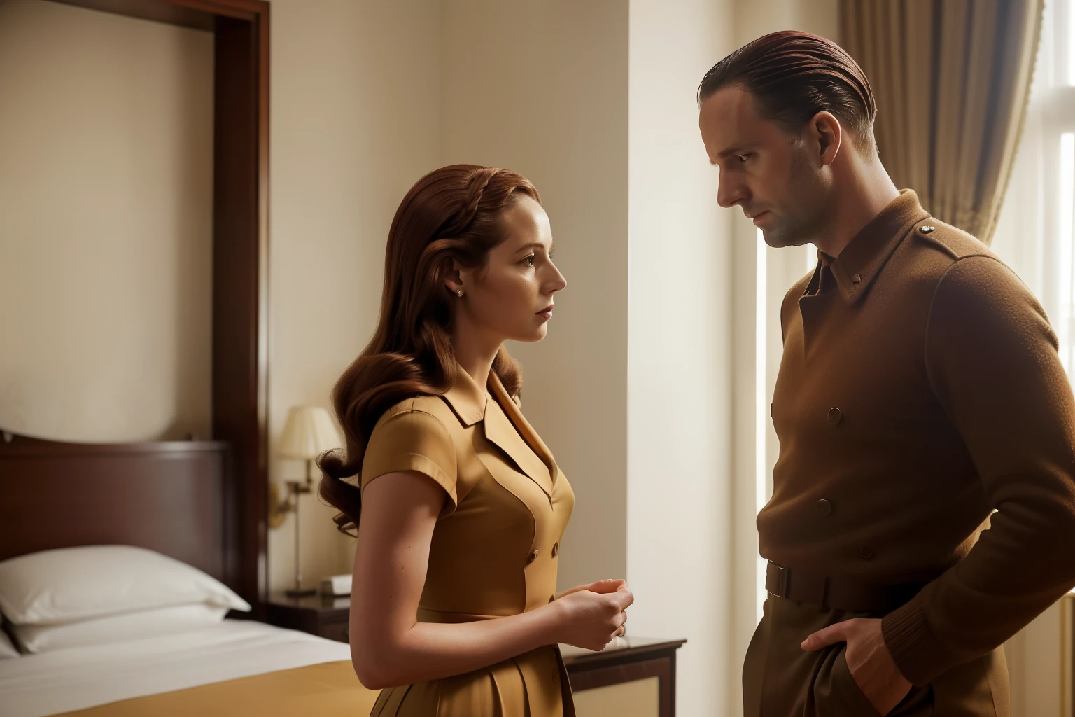 Lisbon, 1941. A young ((((39-year-old)) Marcus Logan)), pale englishman, tall, standing in a luxurious hotel room, talking to his girlfriend Sira Quiroga, intimate, romantic, ((sad expression)), ((((day clothings from the 1940s)))), ((messy chestnut hairstyle of the 1940s)), ((colorful))