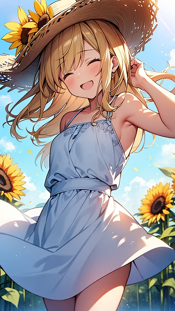 WeriArt Style, best quality, masterpiece, 1girl, full body, from side, ass, leaning forward, arched back, (strapless), (high-waist skirt), blonde hair, from behind, looking at viewer, yellow eyes, collarbone, cat ears, [braided bang], blush, smile, maid headdress, animal ear fluff, small breasts, cat girl, collarbone, WeriArt style, suspender skirt, cleavage, armpits, detached sleeves, (long hair), animal ears, smile, happy, excited face, sky, clouds, summer, vibrant colours, saturated colours, sun, ribbon, bow, fox ears