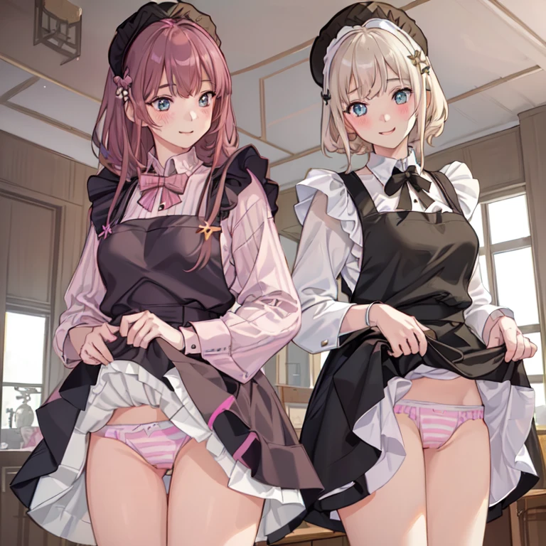 highest quality、masterpiece、((2 girls:1.5))、((smile:1.3))、(blush:1.3)、Black Shirt、blouse、((fun!!))、(Small breasts)、()、Blonde、(Long sleeve)、((White apron:1.5))、((Maid))、((hair ornaments)),、Kamimei、look at me、 ((in house:1.5))、 Taking a break from watching the audience、Cowboy Shot、(Skirt lift:1.3),(Highly detailed pink striped panties:1.3)、(Highly detailed panties:1.3)、、(スカート that rolls up:1.3)、(Panties fully exposed:1.5)、Light blue eyes、long hair、Glowing Eyes