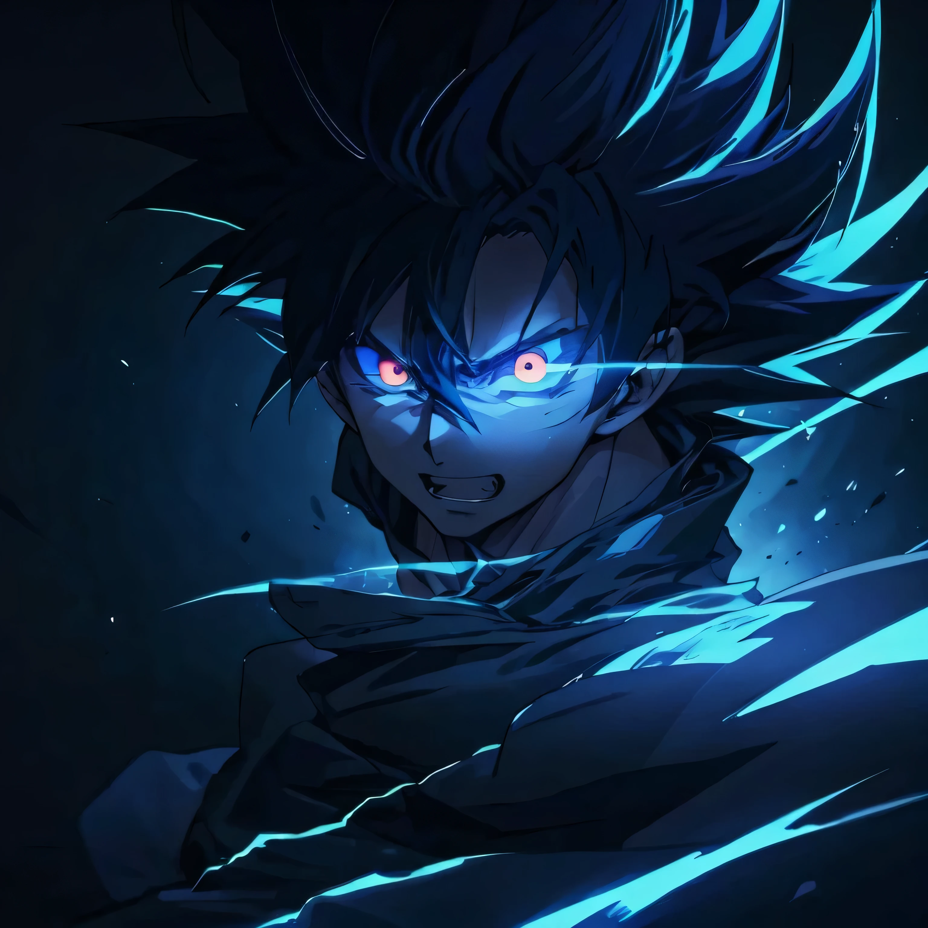 anime character with glowing eyes and a black background, badass anime 8 k, epic anime style, anime epic artwork, glowing blue electric aura, electric aura, wild spiky orange saiyan hair, anime wallaper,