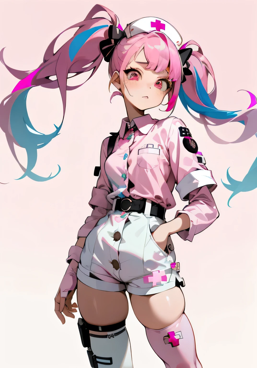 1GIRL, cute girl, finely detailed, (best quality), (intricate details), cute style, nurse girl, apocalypse style, dystopian style, multicolored, ((pink hair in pigtails)), best quality, ((button up shirt and shorts)), ((white clothes)), ((nurse style clothes)), ((thigh high socks)), ((round eyes)), beautiful face, cute face, pinup, perfect face, simple background portrait