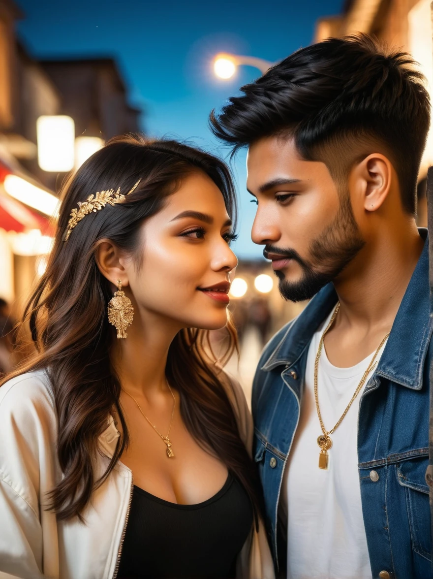 (a photo:1.5), Close shot, (Close-up photos:1.5), A young couple，A white female and a South Asian male，Wear trendy streetwear，Its candid style is reminiscent of paparazzi photography，They were seen sharing intimate moments together，The image was captured with warm tones and soft lighting，The scene looks like it was captured with a high-quality camera such as the Canon EOS 5D Mark IV，Set the configuration to af/1.8 aperture and 50mm focal length，The atmosphere conveys a touch of celebrity romance