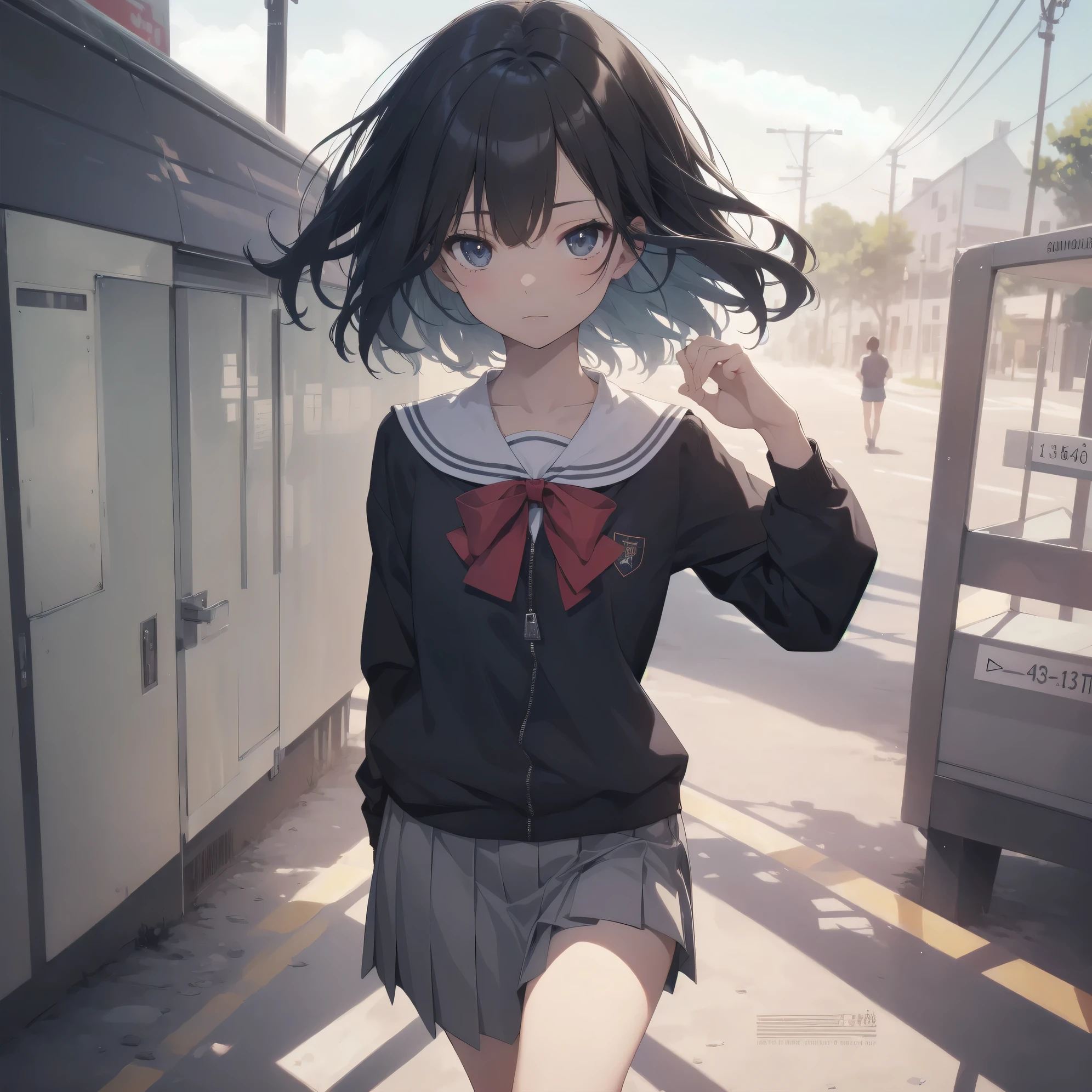 ultra-absurdres-Top quality by artist God, ultra-detailed, high resolution, anime moe artstyle, best anime 8k konachan wallpaper, pixiv contest winner, pool:2810, perfect anatomy,break, 1girl, (Please draw a girl walking sleepily to school alone. )break,(Solo,little female, 13-year-old:1.3),Full limbs, complete fingers,a junior high school student, (very short hair), short cut, flat chest, , small butt, small black eyes, beautiful detailed eyes, well-proportioned iris and pupils, expressive eyes, highres detailed hair, soft expression, salor school_uniform, sailor collar, serahuku, bow, pleated skirt,(Detailed Lighting), (Detailed background), in the School commute route. break,super detailed skin, Best cinematic lighting powered by famous artist, 8k,beauty illustration,photoshop_(medium),very aesthetic,break,((artist:ishiyumi )), artist:clamp ,artist:carnelian ,artist:kantoku ,