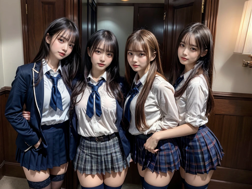 (8K, Raw photography, top-quality, masterpiece:1.2), master piece, best quality, illustration, Super detailed, fine details, High resolution, 8K,wall paper, perfect dynamic composition,(Details High quality, realistic depiction of eyes:1.3), ((2 girls, 2 schoolgirls)), The background is a luxury hotel room、High school girl uniform、blazer 、Super Short Check Uniform Skirt、Navy blue high socks、garterbelts、Colossal tits、Disturbed uniform, Play with each other,Touching each other's bodies,Touching the body of the girl next door, short bob hair, black hair color, huge breasts, Big Natural Color Lip, bold sexy pose, (perfect body shape), crying a little、cold gaze, Beautiful makeup,glitter makeup,Cutest 18 years old, beautiful legs, hposing Gravure Idol, Voluptuous thighs
