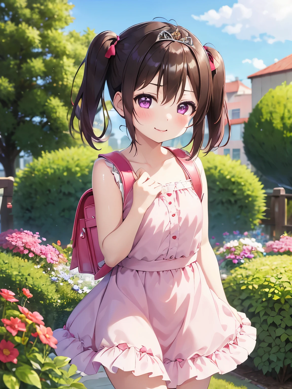 masterpiece, highest quality, Nico_Yazawa,High resolution, 1 girl, alone, Brown Hair, short hair, Twin tails、Purple eyes, Cowboy Shot, Frill dress, tiara, Pink Dress, city, Outdoor, garden, carrying a red school bag, (randoseru backpack:1.0)、Chibi Cute:1.5