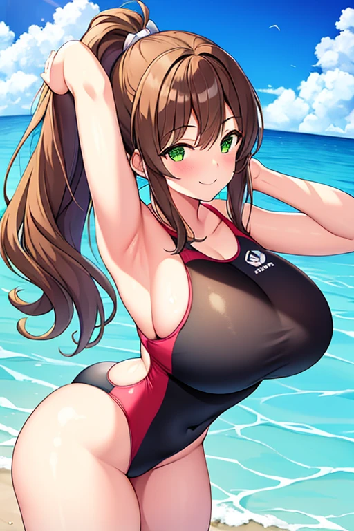 1girl, brown hair, ponytail, large breasts, thick thighs, green eyes, smile, cowboy shot, one-piece swimsuit, smile, green swimsuit, competition swimsuit, beach, standing, highleg, hands down, arms down