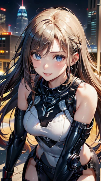 (((UHD)), ((highest quality)), ((masterpiece)), (Very detailed), (High resolution), (Beautiful detailed sparkle), (High detail), (Anatomically correct)), ((Realistic)), ((The best CG)), Ultra-detailed art, CG illustration, 8k, 1080P, Photorealistic:1.37, Anime 2D Rendering,
(((One Woman))),
(Symmetrical facial features:1.4, Perfect Face), Beautiful clavicle, (Beautiful fingers), (Beautiful breasts, ((Small breasts))),
Beautiful body, Beautiful thighs, Beautiful feet, Perfect round butt, (((Detailed skin, Oily skin, Textured skin, Beautiful white skin:1.4))),
(((, cute, 20-year-old))),
(Slanted Eyes, Expression of fine eyes, Beautiful and delicate eyes, Sparkling eyes, Eye Reflexes, Dark blue eyes),
(Beautiful Nose,Thin Nose),
(Smaller mouth, Glossy Lips, Beautiful Lips, thick lips),
(Beautiful Hair, Shiny Hair, Shiny Hair), Hair fluttering, (Silver Hair:1.4, Twin tail hair:1.4、Red string ribbon),
(((Combatant、Tight combat suit:1.4)))、
BREAK
(laughing、smile),
BREAK
(night、(A futuristic sci-fi city:1.4)), ((upper body shot)、Leaning forward)