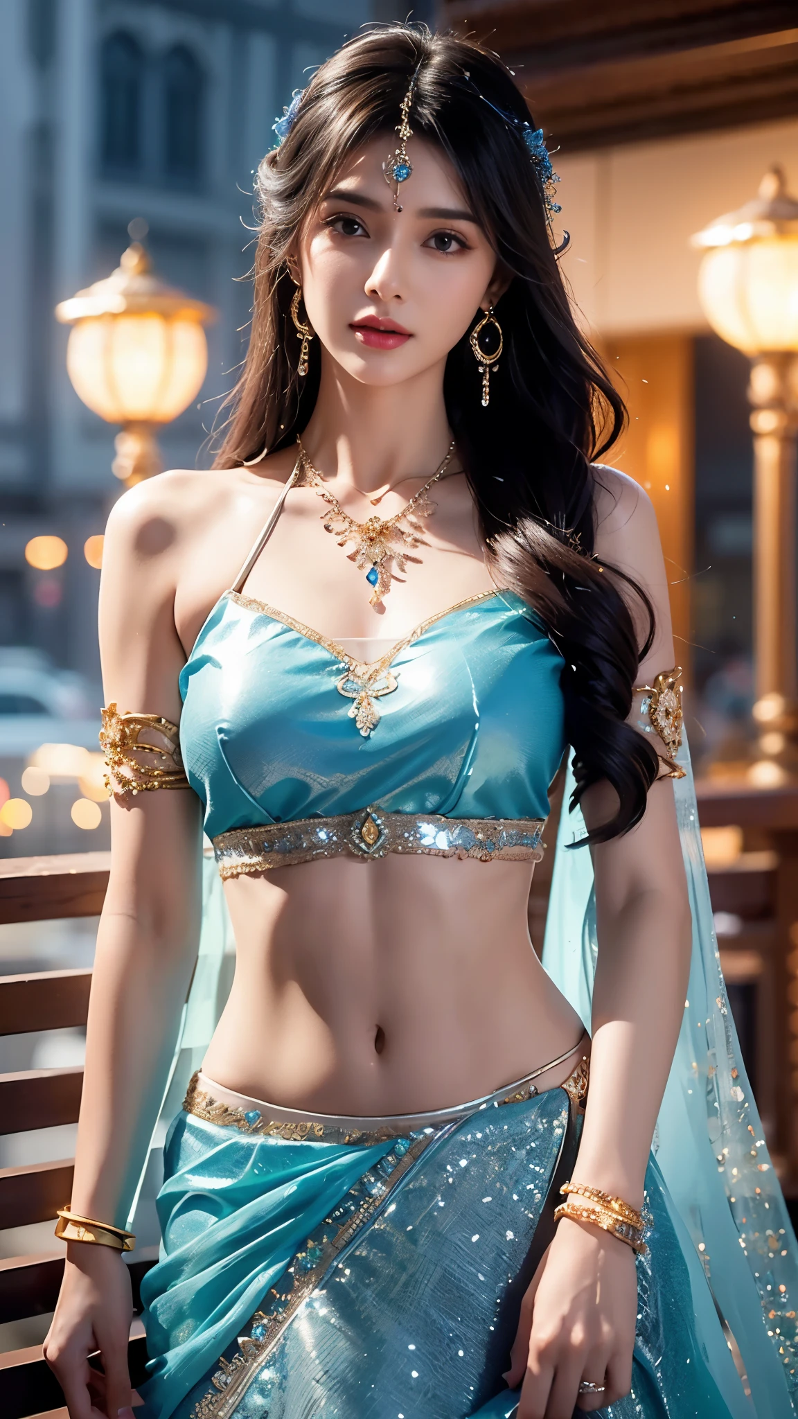 4K, UHD, masterpeice, 1 girl, good face, detailed eyes, detailed lips, very long hair, straight hair, very long hair, beautiful hair, hair ornaments, hairband, gradient hair, ((blue lehenga)), ((bridal lehenga)), ((decorated blouse)), sardine, ((sparkle lehenga)), ((blue lace)), ((diamond bracelet)), ((pendant)), ornaments, necklace, earring, high lighting, ((bare stomach)), in the balcony, night, fujicolor, depth of field, ray tracing, ultra realistic detail,