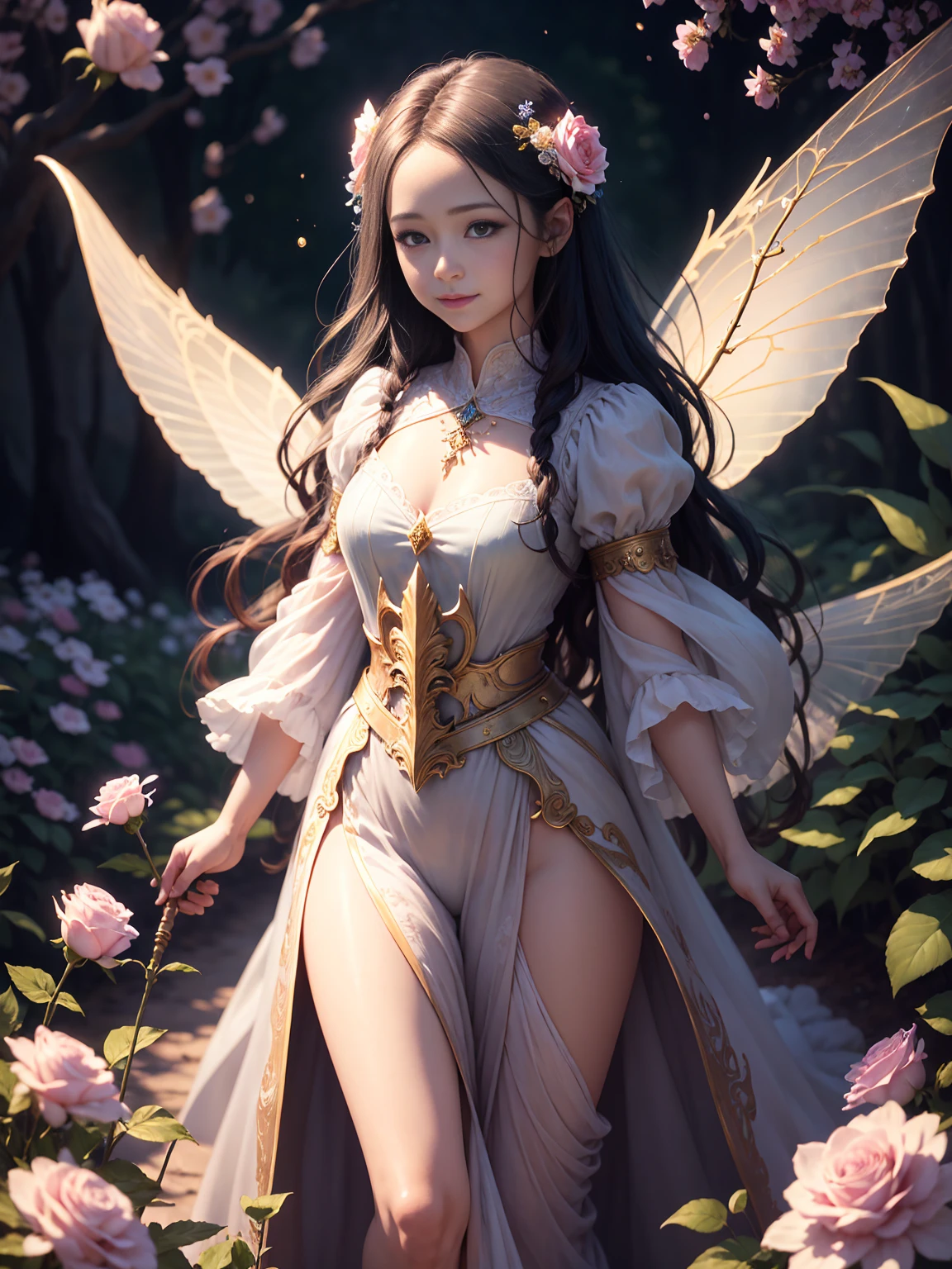 Beautiful transparent flower fairy , Transparent colorful feathers, A walking stick flutters in the wind、The wand glittered in the starlight.,Golden Staff,Beautiful blue sky and white clouds、The girl has transparent wings、Smiling Kindly、Beautiful garden background、Gentle and transparent,Correct Anatomy, Delicate pattern,Pink rose space, Soft lighting, ( Bokeh),masterpiece, Very detailed, A magnificent composition, highest quality, 8K,Epic romantic fantasy digital art,Epic fairy tale fantasy digital art,Mythical fantasy,UHD resolution,Detailed detailed view,Realistic,非常にRealisticな,Cinematic Lighting,Award-winning photography,Rich colors,Ultra-realistic, lifelike textures,Dramatic lighting