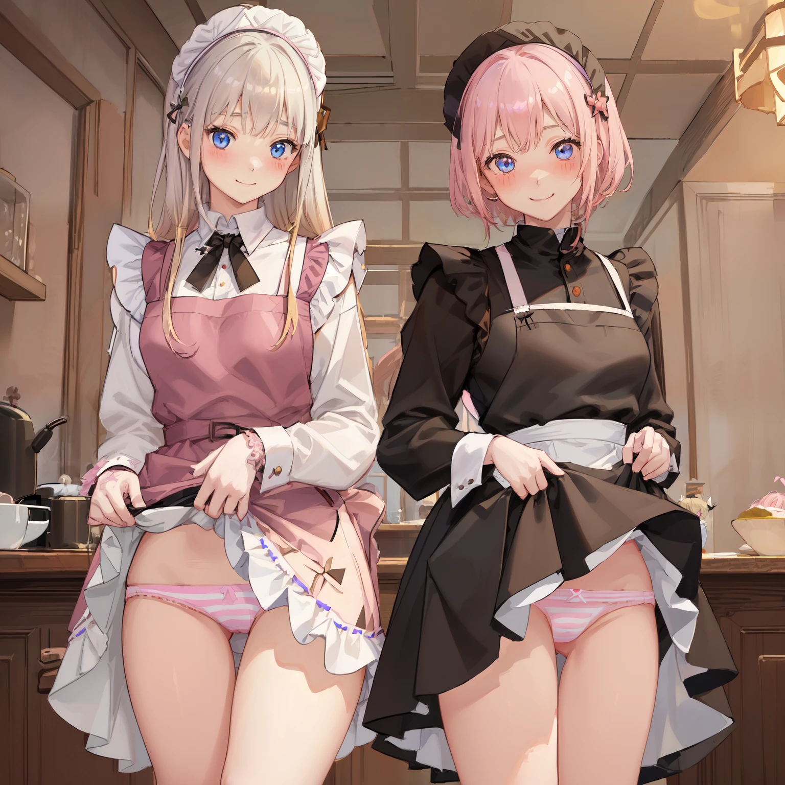 highest quality、masterpiece、((2 girls:1.5))、((smile:1.3))、(blush:1.3)、Black Shirt、blouse、((fun!!))、(Small breasts)、()、Blonde、(Long sleeve)、((White apron:1.5))、((Maid))、((hair ornaments)),、Kamimei、look at me、 ((in house:1.5))、 Taking a break from watching the audience、Cowboy Shot、(Skirt lift:1.3),(Highly detailed pink striped panties:1.3)、(Highly detailed panties:1.3)、、(スカート that rolls up:1.3)、(Panties fully exposed:1.5)、Light blue eyes、long hair、Glowing Eyes