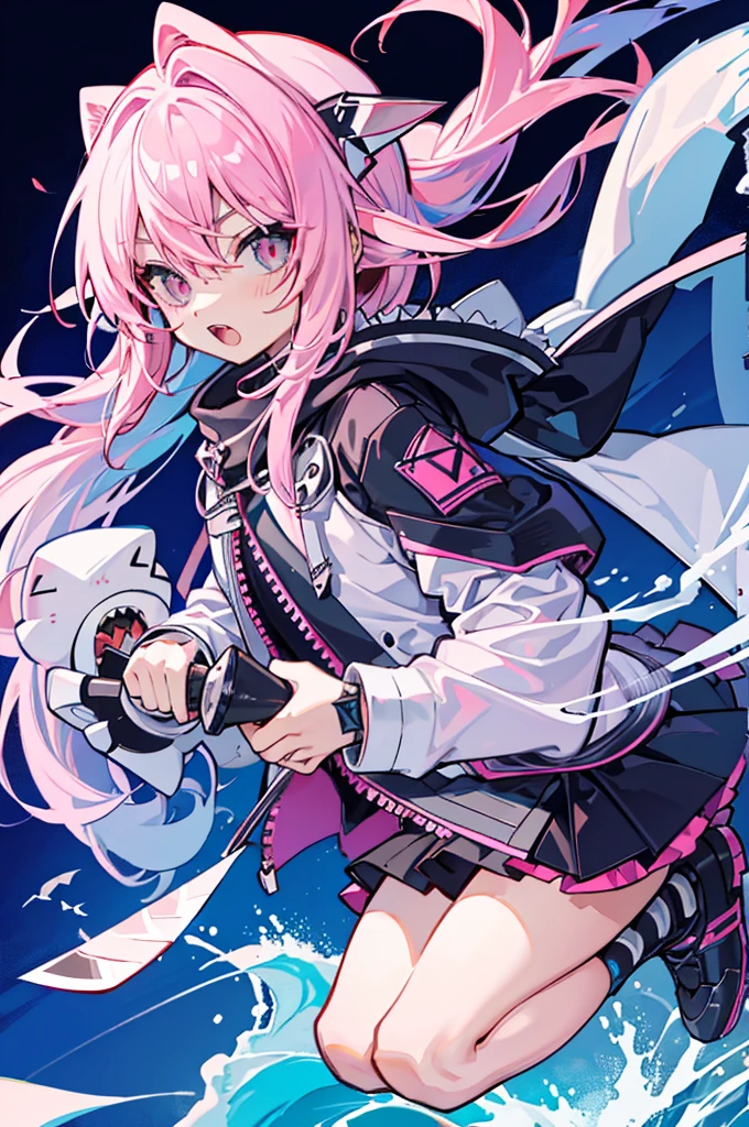 ultra hyper cute shota,small young assassin,pink long hair,
pure-white Shark-shaped hood with shark-teeth-shape frill, shark-tooth-shape knife in each hand,