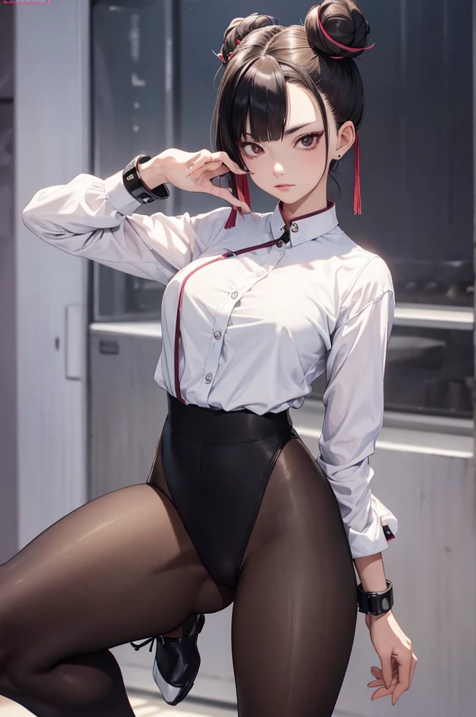 juri han,obra de arteUniforme Sexy feminino, secretary shirt, saia de cintura alta, quadril embrulhado, saia curta,short hair,cabelo preto,black tights