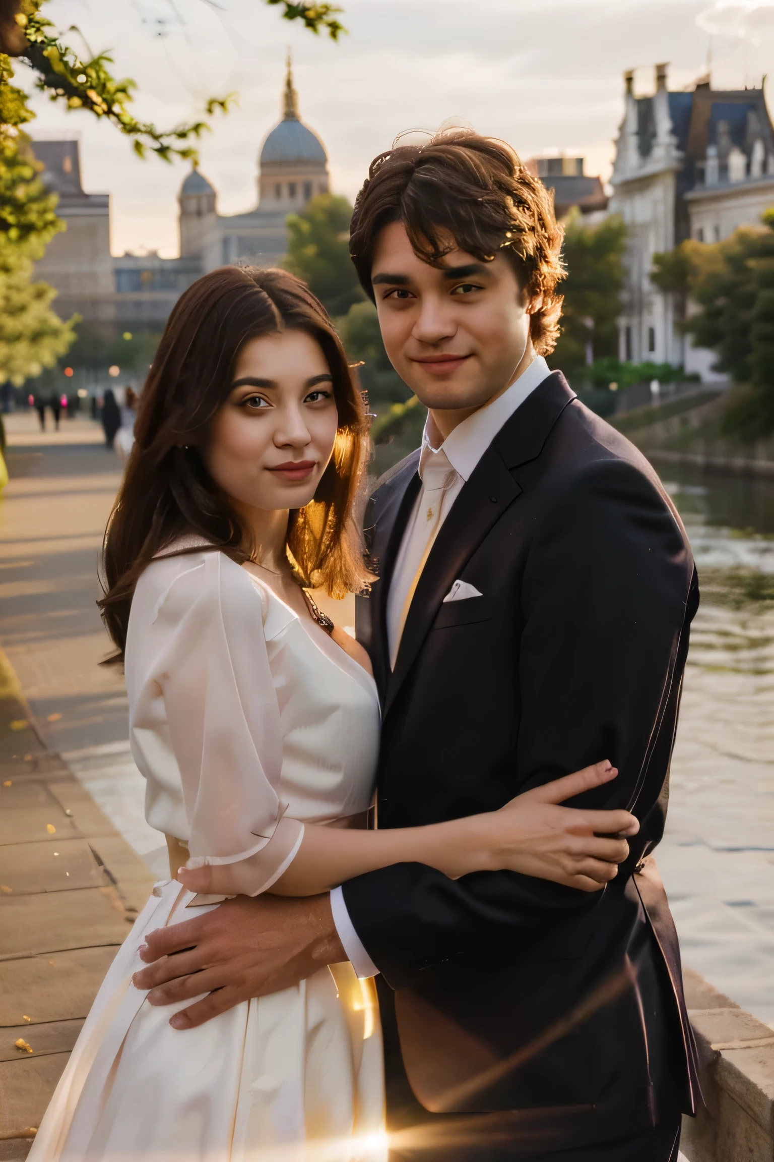 there is a man and a woman, who pose for a photograph, couple portrait, against the backdrop of a beautiful embankment, trees, River, beautiful light