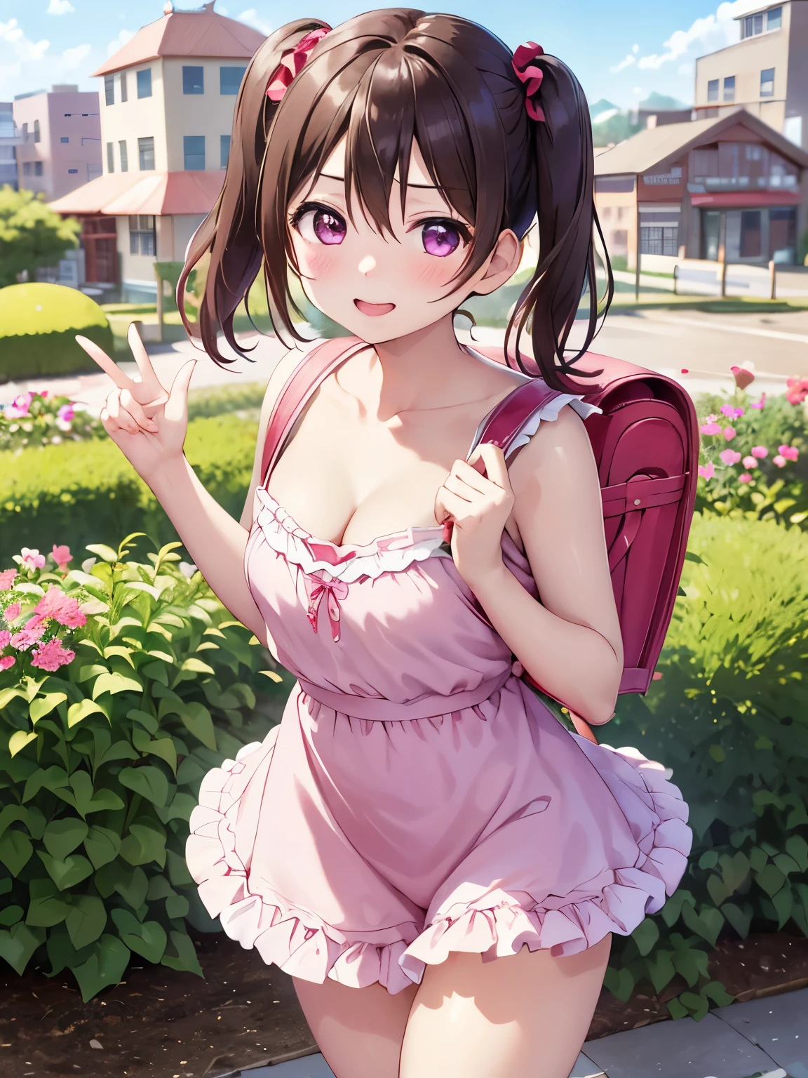 masterpiece, highest quality, Nico_Yazawa,High resolution, 1 girl, alone, Brown Hair, short hair, Twin tails、Purple eyes, Cowboy Shot, Frill dress, , Pink Dress, (Cleavage)、(Beautiful thighs)、city, Outdoor, garden, carrying a red school bag, (randoseru backpack:1.0)、Chibi Cute:1.5