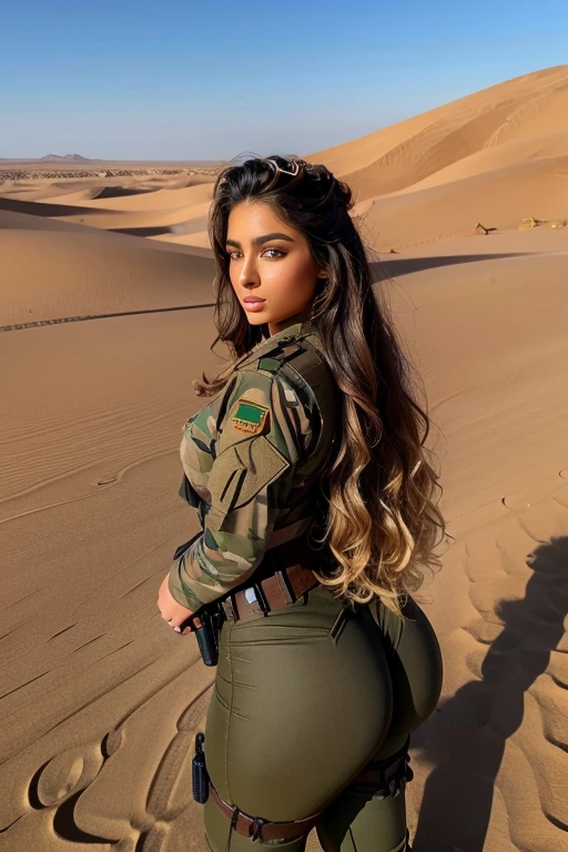 stunning big ass arab goddess woman with long wavy hair in military outfit in hot desert and army ready for battle