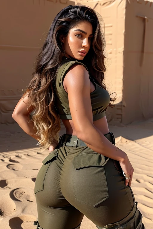 stunning big ass arab goddess woman with long wavy hair in military outfit in hot desert and army ready for battle