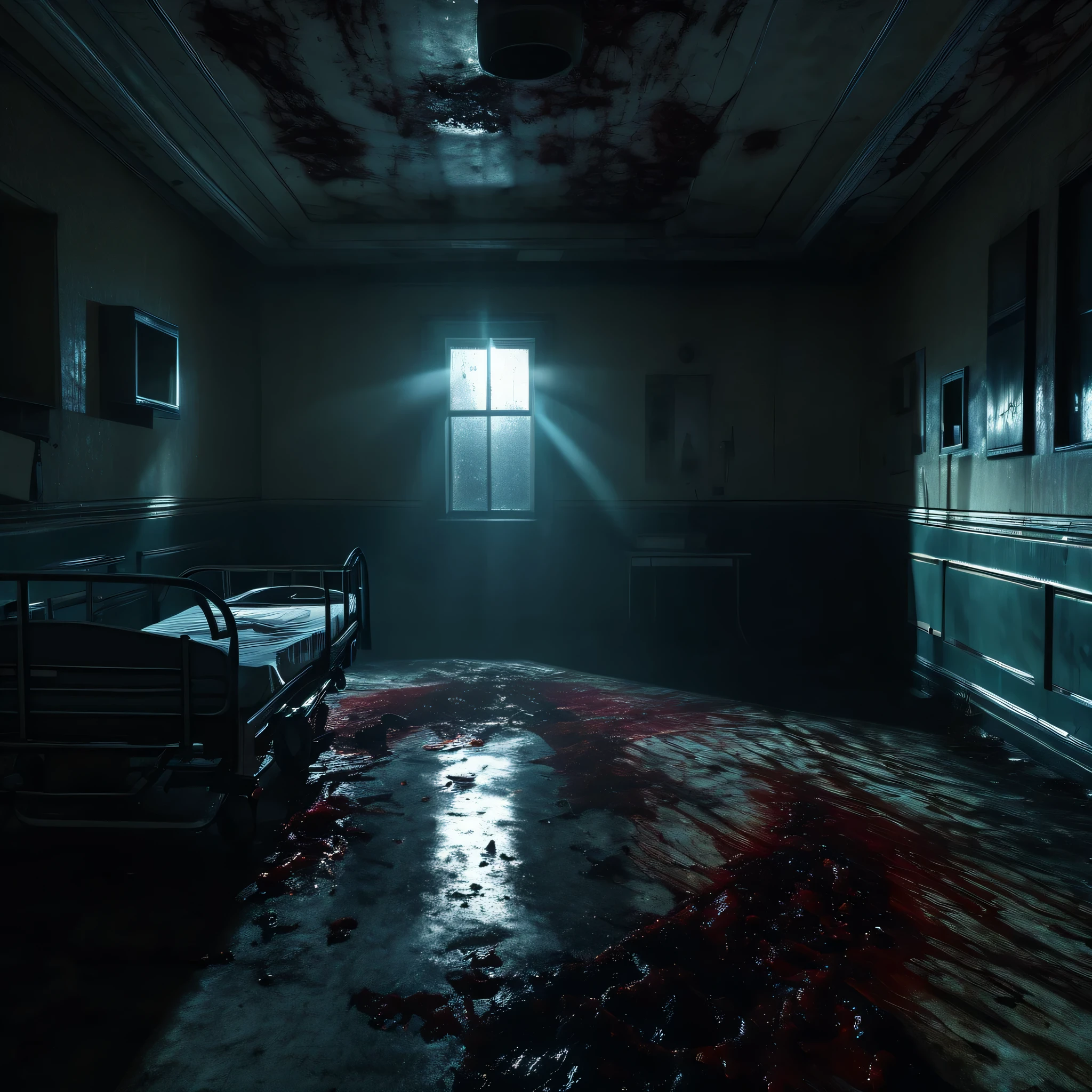 horror scene, knife, dark hospital room, evil, mystic, gore, glowing eyes, evil demon, abandoned hospital, gore, chiaroscuro, cinematic lighting, ray tracing, Ultra-Wide Angle, UHD, masterpiece, textured skin, super detail, best quality, highres, 4K, photorealism