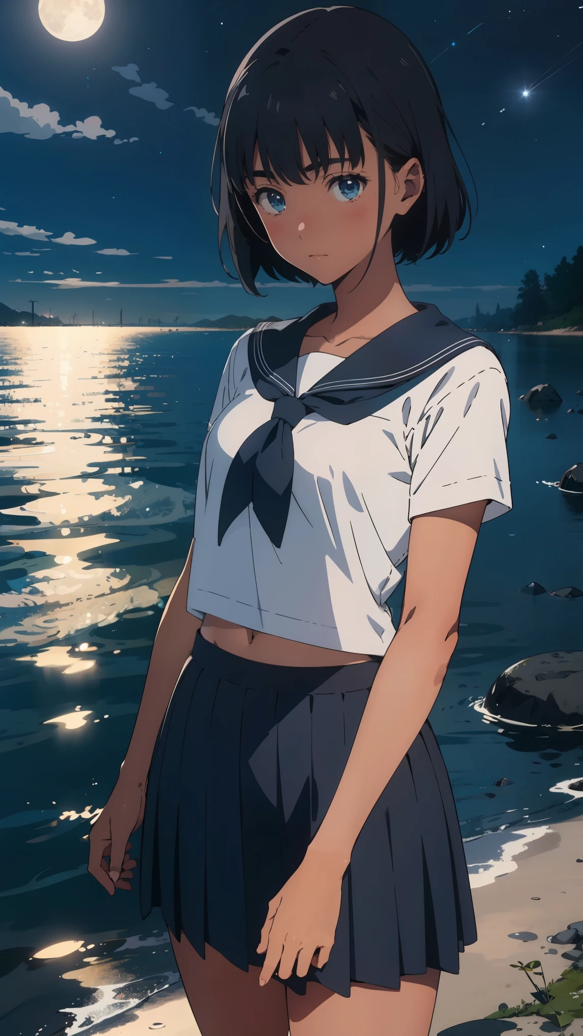 {{kofune mio}}, {summertime render}, shining sky  blue eyes, black short hair, Calm expression,A faint blush, medium breasts, dark skin, dark-skinned female, white serafuku, short sleeves, black neckerchief, white sailor collar black pleated skirt,1girl, solo,very aesthetic, best quality, amazing quality, ,curated, illustration, highly detailed, anime coloring,Night sea background
BREAK
Blue Hour, (Rim Light):1.2, Warm tones, Solar flare, Soft Shadows, Vibrant colors, Painterly effect, Dream-like atmosphere 
BREAK
Beautiful sea, Calm water, reflection, Clouds illuminated by the moon, Peaceful atmosphere, Beautiful starry sky, Super detailed, Official Art, unity 8k wallpaper , Tangled, Mandala,(nsfw:1.3)