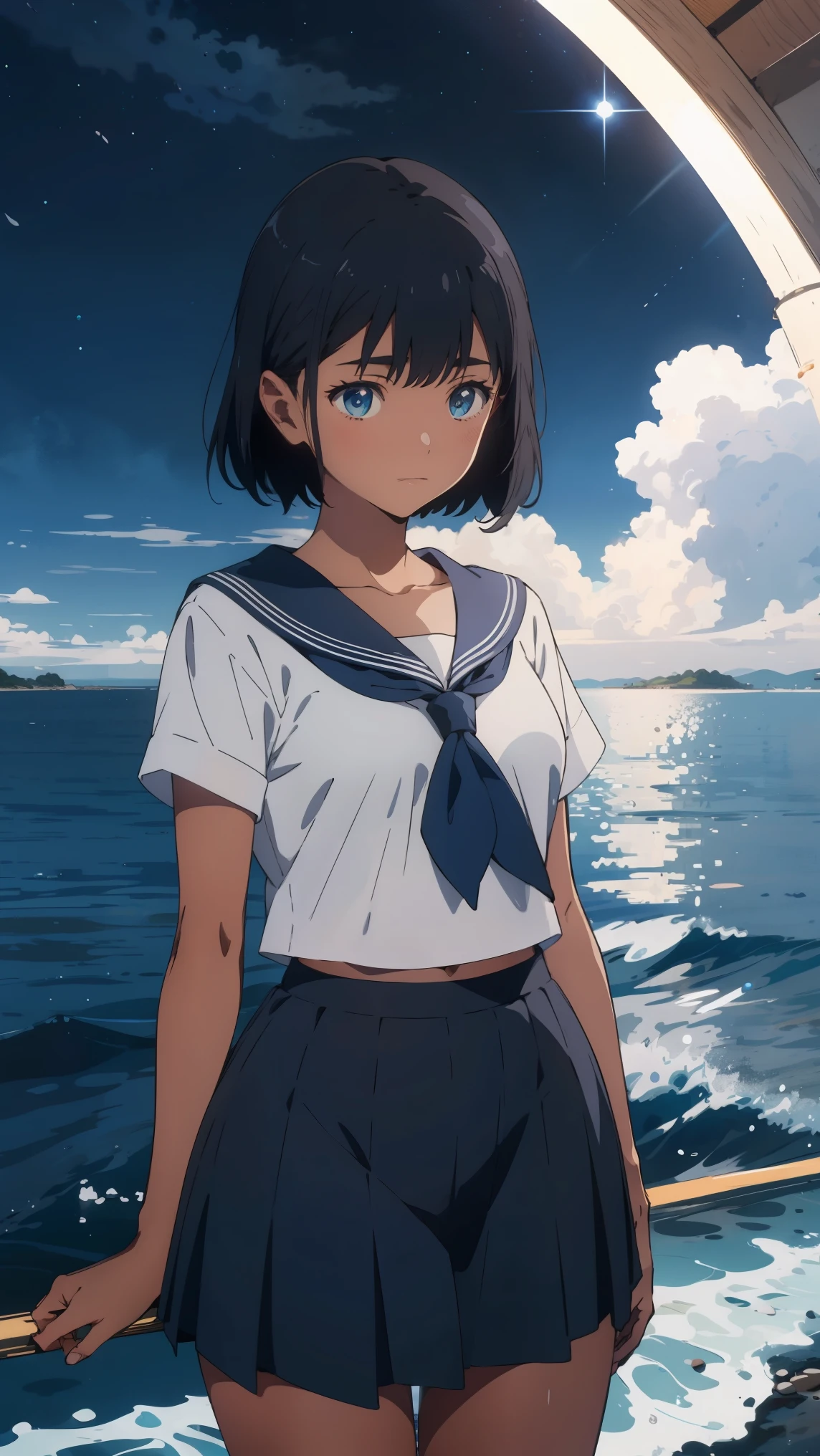 {{kofune mio}}, {summertime render}, shining sky  blue eyes, black short hair, Calm expression,A faint blush, medium breasts, dark skin, dark-skinned female, white serafuku, short sleeves, black neckerchief, white sailor collar black pleated skirt,1girl, solo,very aesthetic, best quality, amazing quality, ,curated, illustration, highly detailed, anime coloring,Night sea background
BREAK
Blue Hour, (Rim Light):1.2, Warm tones, Solar flare, Soft Shadows, Vibrant colors, Painterly effect, Dream-like atmosphere 
BREAK
Beautiful sea, Calm water, reflection, Clouds illuminated by the moon, Peaceful atmosphere, Beautiful starry sky, Super detailed, Official Art, unity 8k wallpaper , Tangled, Mandala,(nsfw:1.3)