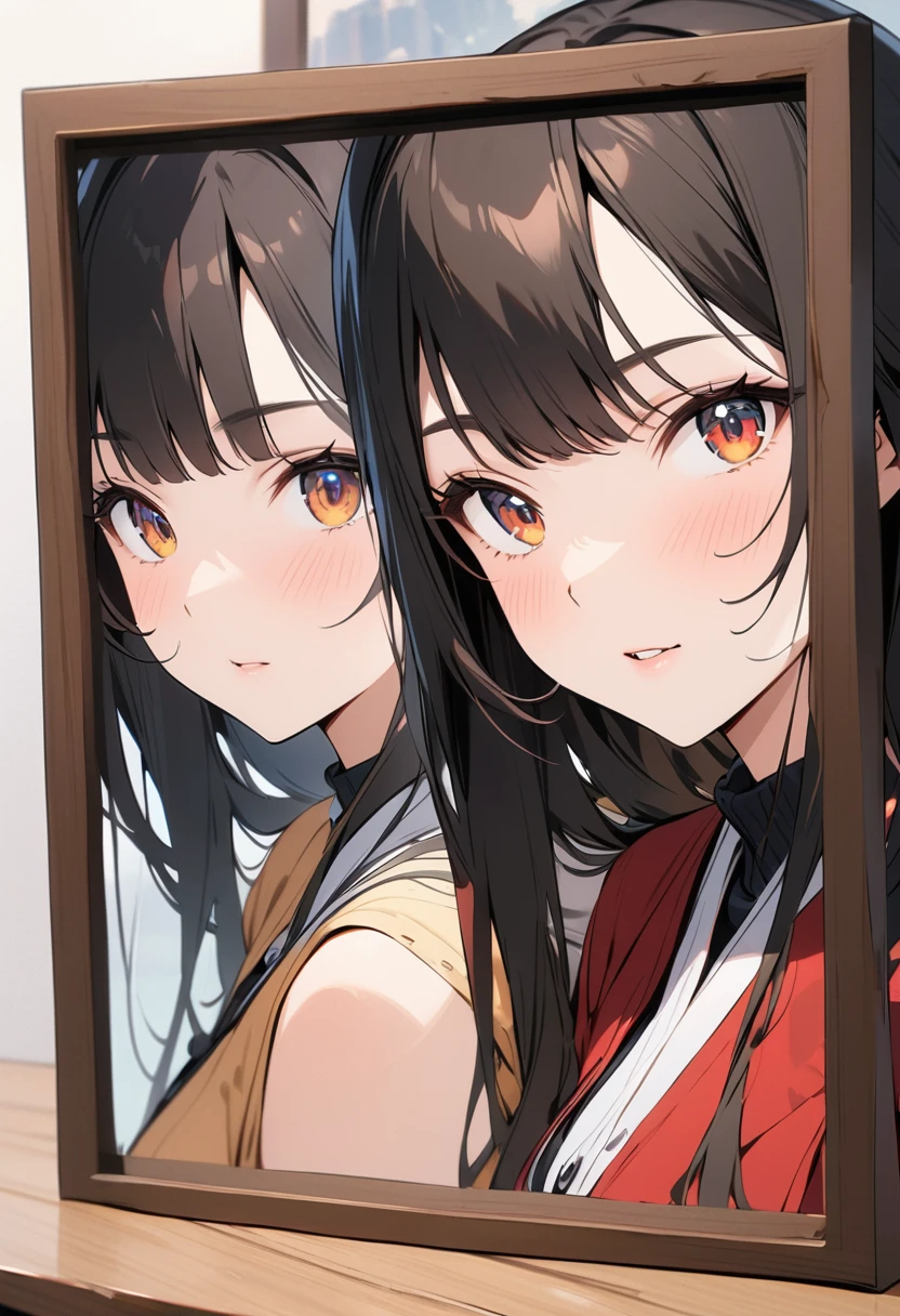 (highest quality,4K,8k,High resolution,masterpiece:1.2),Super detailed,,Beautiful fine details,Beautiful lip detail,Highly detailed eyes and face,Long eyelashes,Two Girls、A good friend、Get close、、Photo Frames
