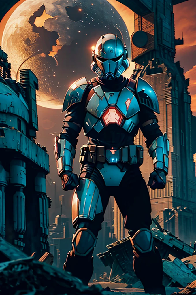 A battle-hardened Mandalorian warrior, adorned in tattered and weathered armor, standing amidst the ruins of a once-great civilization, their helmet reflecting the glow of a distant star,Star Wars,science fiction,noir,higher quality.better edition,nice colors,sharp focus,color grading,