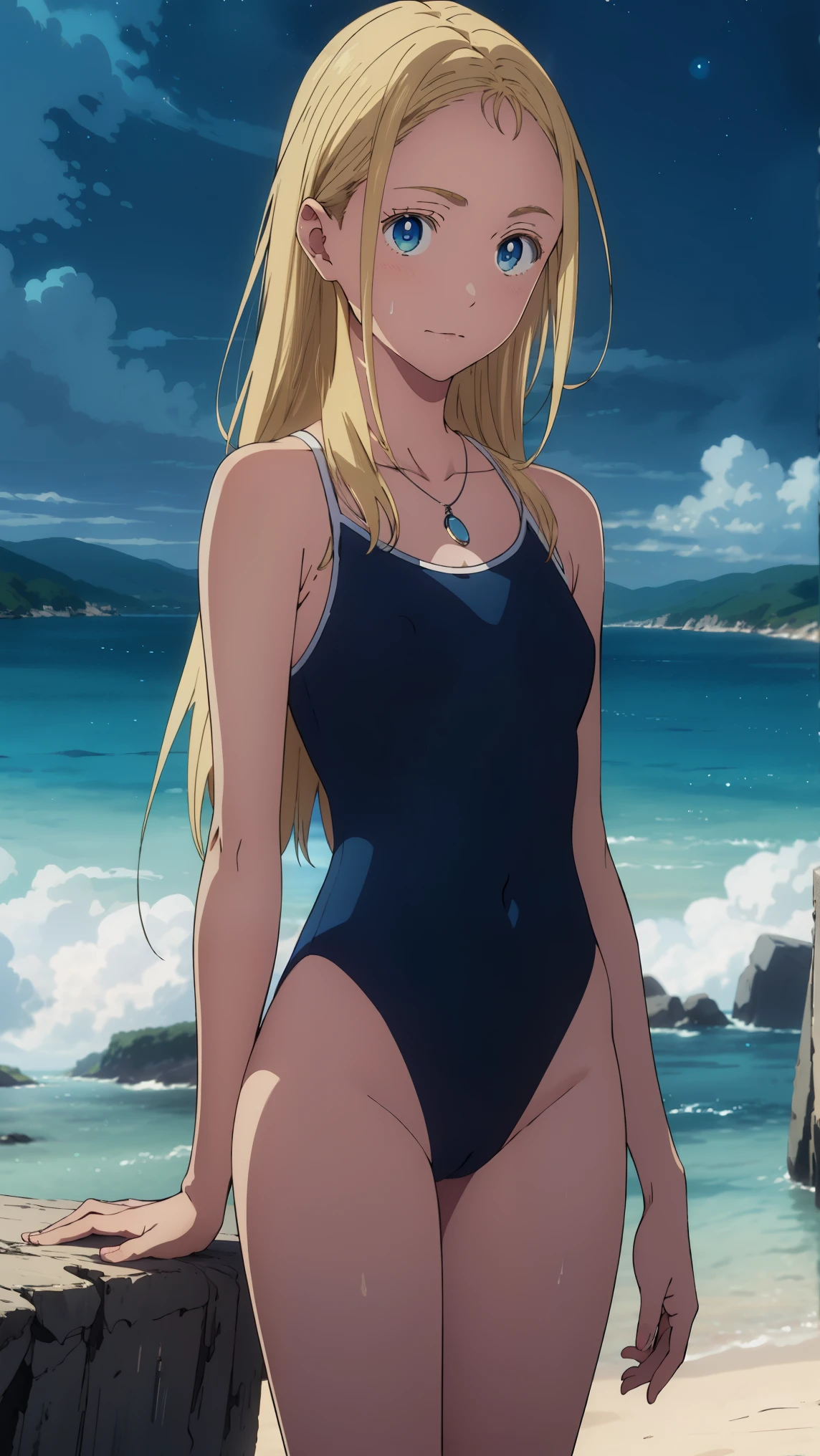 {{kofune ushio}}, {summertime render}, shining sky blue eyes, long blonde hair, medium breasts, blue one-piece swimsuit, bare shoulders, bare legs, school swimsuit,shell pendant, 1girl, solo,very aesthetic, best quality, amazing quality,curated, illustration, highly detailed, anime coloring,Night sea background
BREAK
blue Hour, (Rim Light):1.2, Soft Shadows, Vibrant colors, Painterly effect, Dream-like atmosphere 
BREAK
Beautiful sea, Calm water, reflection, Clouds illuminated by the moon, Peaceful atmosphere, Beautiful starry sky, Super detailed, Official Art, unity 8k wallpaper , (nsfw:1.3)