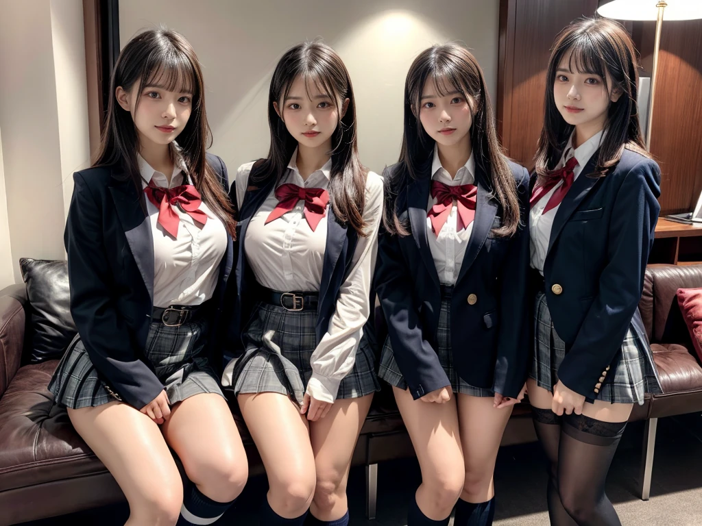 (8K, Raw photography, top-quality, ​masterpiece:1.2), master piece, best quality, illustration, Super detailed, fine details, High resolution, 8K,wall paper, perfect dynamic composition,(Details High quality, realistic depiction of eyes:1.3), ((2 girls, 2 schoolgirls)), The background is a luxury hotel room、High school girl uniform、blazer 、Super Short Check Uniform Skirt、Navy blue high socks、garterbelts、Colossal tits、Disturbed uniform, Play with each other,Touching each other's bodies,Touching the body of the girl next door, short bob hair, black hair color, huge breasts, Big Natural Color Lip, bold sexy pose, (perfect body shape), crying a little、cold gaze,  Beautiful makeup,glitter makeup,Cutest 18 years old, beautiful legs, hposing Gravure Idol, Voluptuous thighs