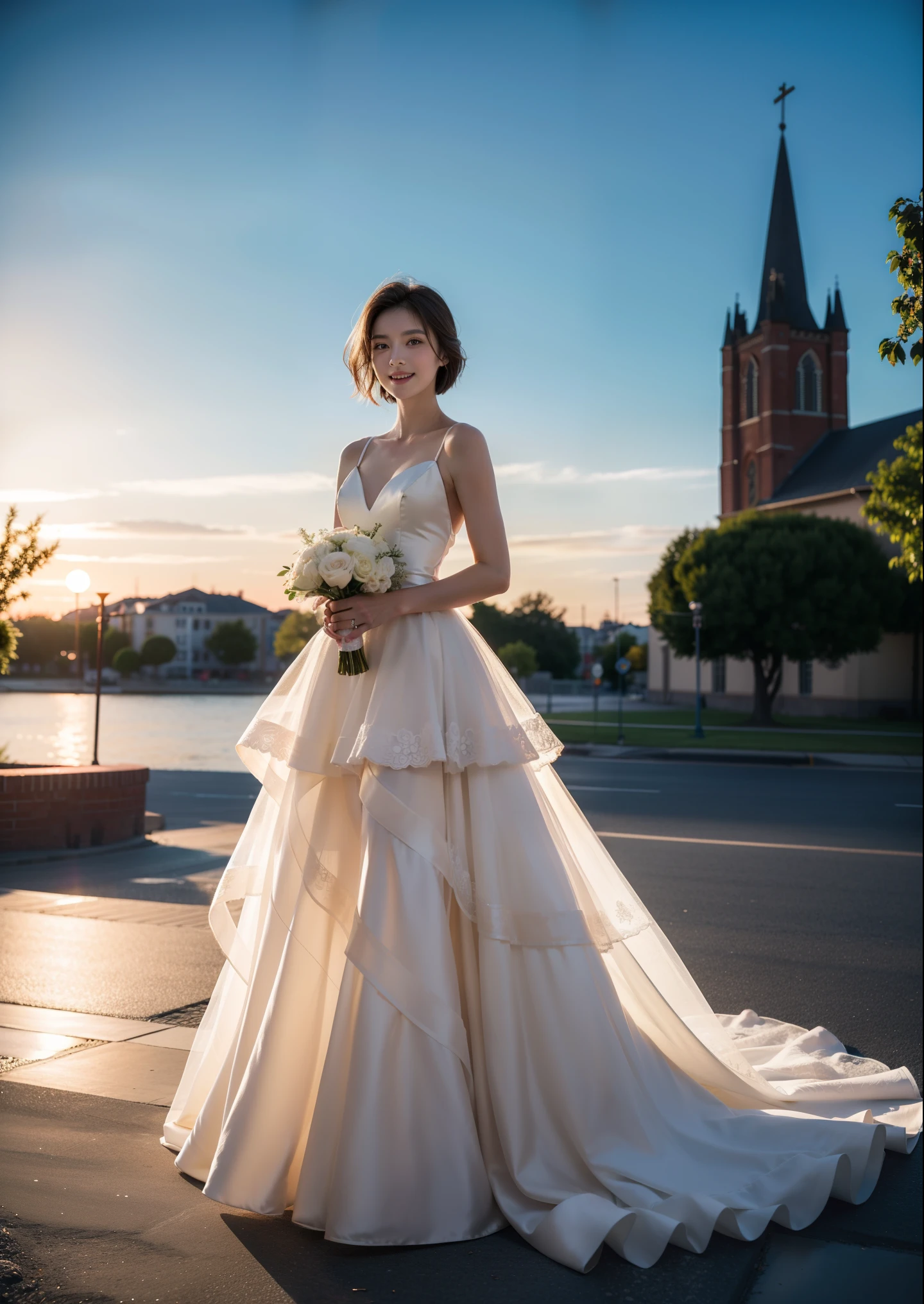 Beautiful 25 year old woman。She is wearing a wedding dress. She is smiling on illuminated by the evening church lights on the romantic sunset time. her dark brown short length hair. High resolution、masterpiece、highest quality、頭w:1.0、((Hasselblad Photos))、fine skin、(movie lighting)、clavicle . full body picture.