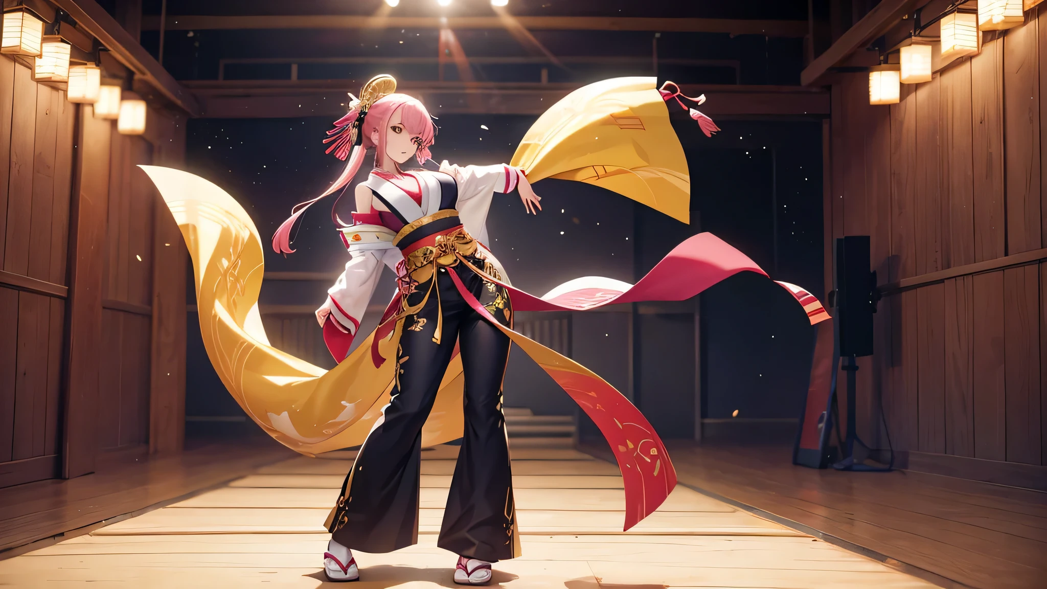 Female dancer dancing in studio, one person, Japanese anime style animation, full body, pants look.