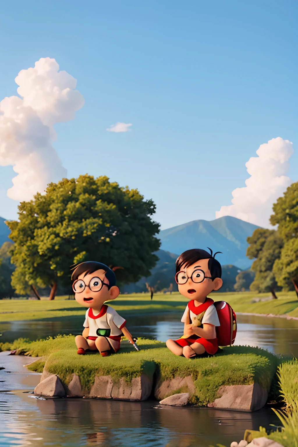 Give me a view of Nobita and Shizuoka sitting on the grass and Nobita is singing something which Shizuka is listening to and there is a river near by them give me a wide angle of all this it’s just far but enough to see 