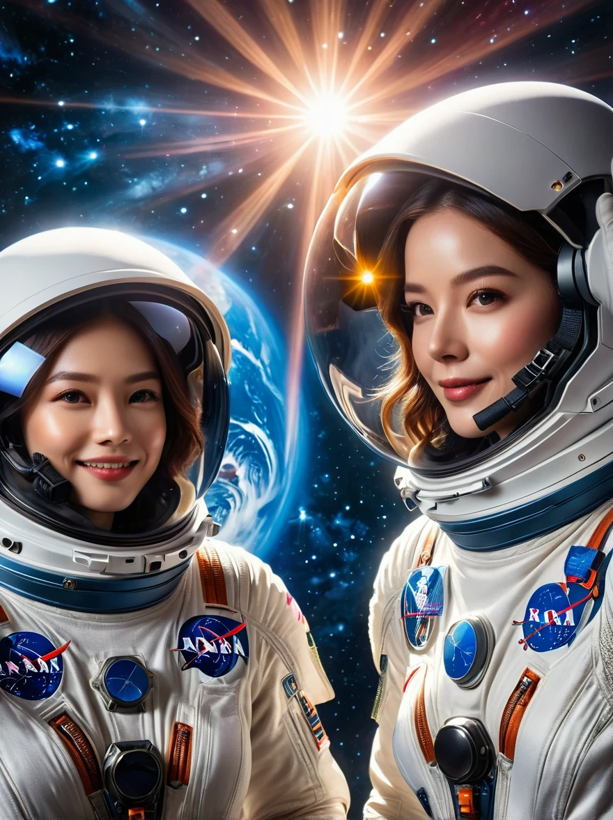 (a photo:1.5), Close shot, (Close-up photos:1.5), Two astronauts in space, Photograph, Stand side by side, (Raise the V sign), (A ray of sunlight rose behind them), Space suit details, Helmet reflective, earth in background, Cosmic stars, Galaxy Background, High-tech spacesuit, Milky Way Landscape, space photography, Studio Lighting, Physically based rendering, Sharp focus, Extremely detailed, major, Bright colors, Bright light source, The scene looks like it was captured with a high-quality camera such as the Canon EOS 5D Mark IV，Set the configuration to af/1.8 aperture and 50mm focal length，The atmosphere conveys a touch of celebrity romance, (Best quality, 8K, high resolution, masterpiece:1.2), Super detailed, (1.4 times more realism)