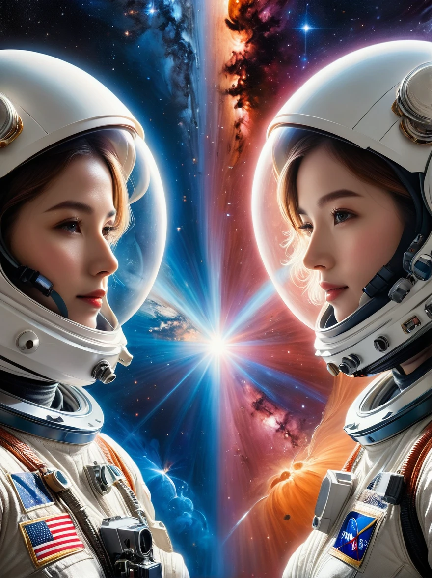 (a photo:1.5), Close shot, (Close-up photos:1.5), Two astronauts in space, Photograph, Stand side by side, (Raise the V sign), (A ray of sunlight rose behind them), Space suit details, Helmet reflective, earth in background, Cosmic stars, Galaxy Background, High-tech spacesuit, Milky Way Landscape, space photography, Studio Lighting, Physically based rendering, Sharp focus, Extremely detailed, major, Bright colors, Bright light source, The scene looks like it was captured with a high-quality camera such as the Canon EOS 5D Mark IV，Set the configuration to af/1.8 aperture and 50mm focal length，The atmosphere conveys a touch of celebrity romance, (Best quality, 8K, high resolution, masterpiece:1.2), Super detailed, (1.4 times more realism)