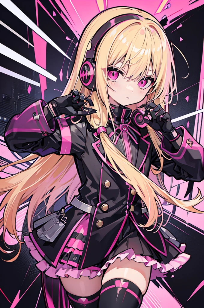 hyper cute shota wearing black pink assassin uniform gloves,blonde long hair,pink frill clothes,headphone,
Killer glove with metal claws,Extend your hand,