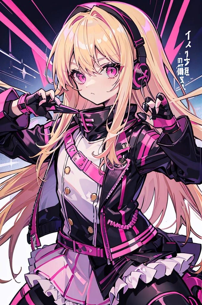hyper cute shota wearing black pink assassin uniform gloves,blonde long hair,pink frill clothes,headphone,
Killer glove with metal claws,Extend your hand,