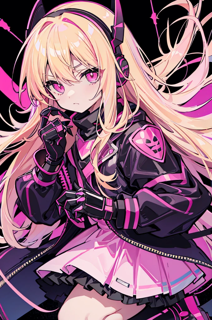 hyper cute shota wearing black pink assassin uniform gloves,blonde long hair,pink frill clothes,headphone,
Killer glove with metal claws,Extend your hand,