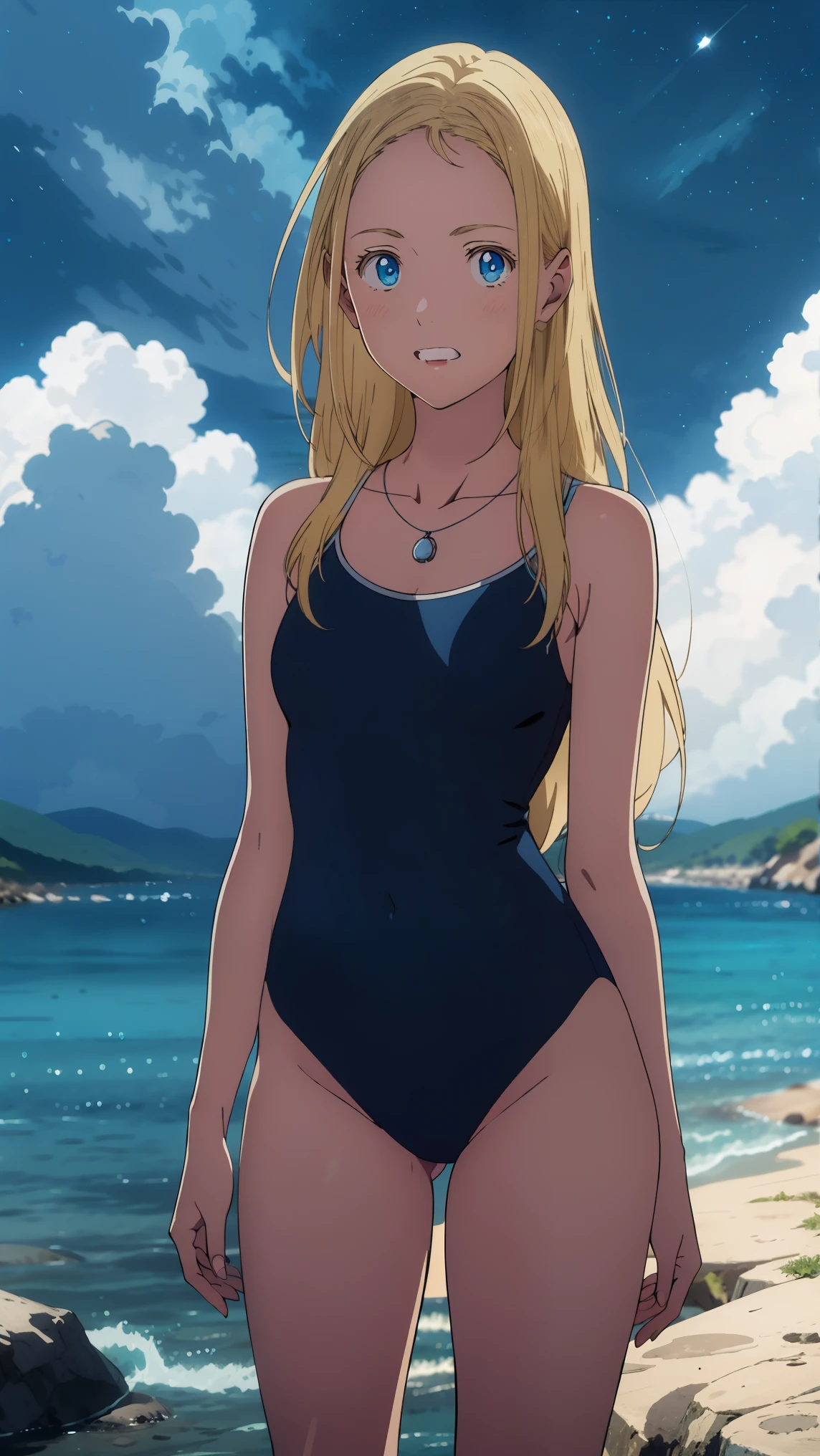 {{kofune ushio}}, {summertime render}, shining sky blue eyes, long blonde hair, medium breasts, blue one-piece swimsuit, bare shoulders, bare legs, school swimsuit,shell pendant, 1girl, solo,very aesthetic, best quality, amazing quality,curated, illustration, highly detailed, anime coloring,Night sea background
BREAK
blue Hour, (Rim Light):1.2, Soft Shadows, Vibrant colors, Painterly effect, Dream-like atmosphere
BREAK
Beautiful sea, Calm water, reflection, Clouds illuminated by the moon, Peaceful atmosphere, Beautiful starry sky, Super detailed, Official Art, unity 8k wallpaper , (nsfw:1.3)