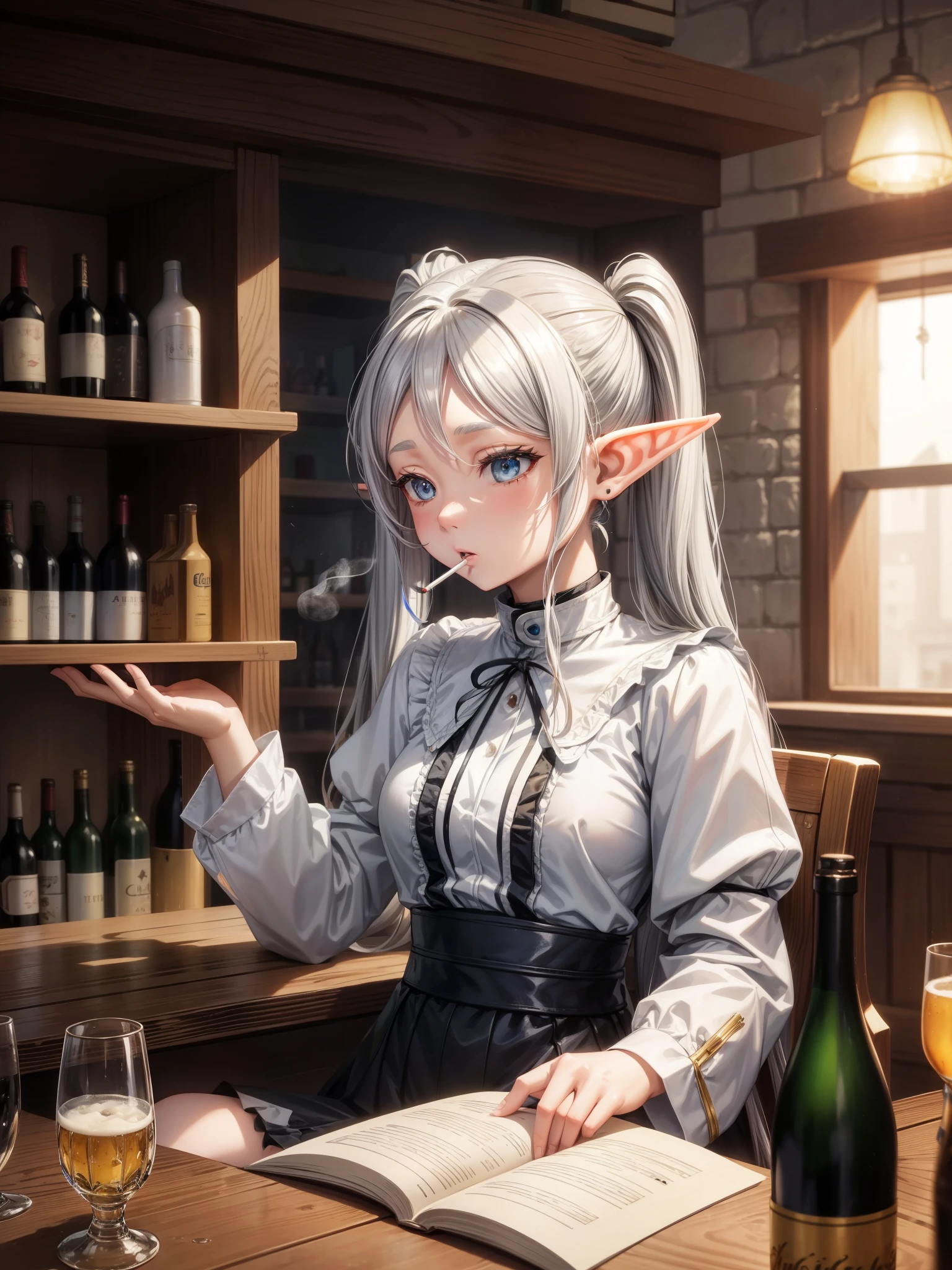 Calm atmosphere、Gray Hair、Twin tails、Elf、Elf耳、Pointed Ears、Drinking party for working adults、Tavern、cigarette草、cigarette、Wine Bottle、A wide variety of alcohol、cheers、beer mug、Chairs and desks、break、chugging、Trumpet drinking、wine cellar