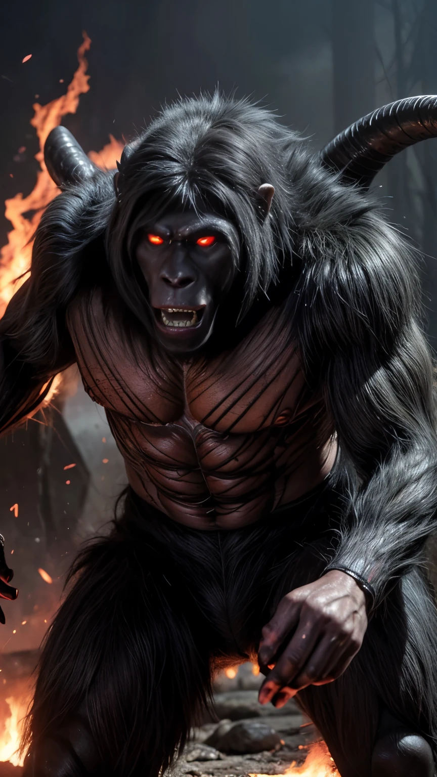 (highest quality,4K,8k,High resolution,masterpiece:1.2),Very detailed,(Realistic,photoRealistic,photo-Realistic:1.37),Mythical monster,Beast-like creature,Muscular,Six big legs,Stand like a gorilla,Red fur covering the body,two big horns,Drill teeth,Sharp Claws,Huge shape,Burning Fire Magic,Energy aura,A threatening presence,Glowing Eyes,Intimidating posture,Dark Environment,Smoke-filled air,Ominous Shadow,Majestic and fierce,Explosive power,Vibrant colors,bold,Horror art style,moving composition,Dramatic lighting,rib layer,large sharp teeth,Sharp Edges,Very detailedスケール,Burning Crack,Burning Flames,Furious expression,Burning with anger,Surrounded by sparks and embers