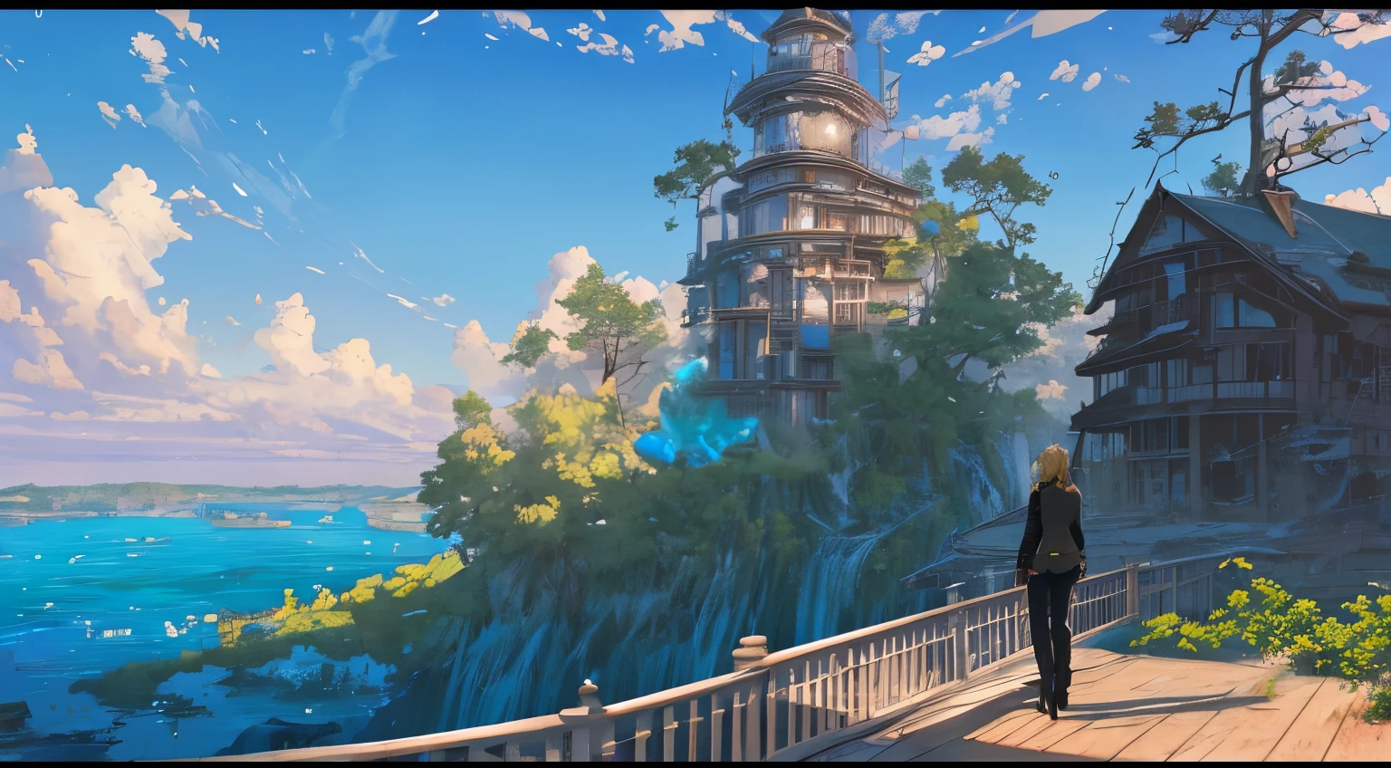 Masterpiece, high detail, 8K resolution, ConceptArt, scenery, water, sky, day, tree, cloud, waterfall, outdoors, ruined building, nature, river, blue sky, 1 woman, blonde, ponytail, brown coat, trousers, a wanderer, Makoto Shinkai artstyle