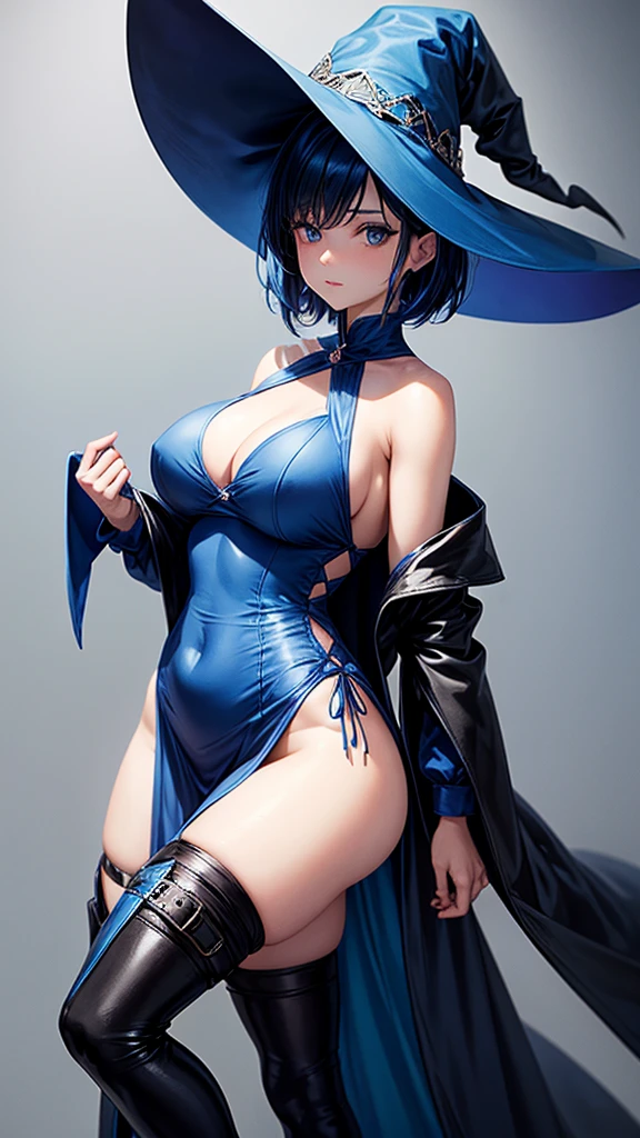 Curvaceous, medium breast, Short blue hair. She has blue slanted eyes. Straight hair to the shoulder wearing a large witch hat. Wearing a blue laytex outfit with knee high heel, dark castle interior background,