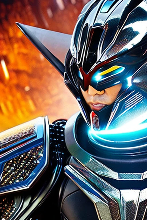 Image of a Kamen Rider-like cyborg, a Japanese special effects hero, wearing a full-face cyber helmet and highly mobile armor, posing in the center of the screen.