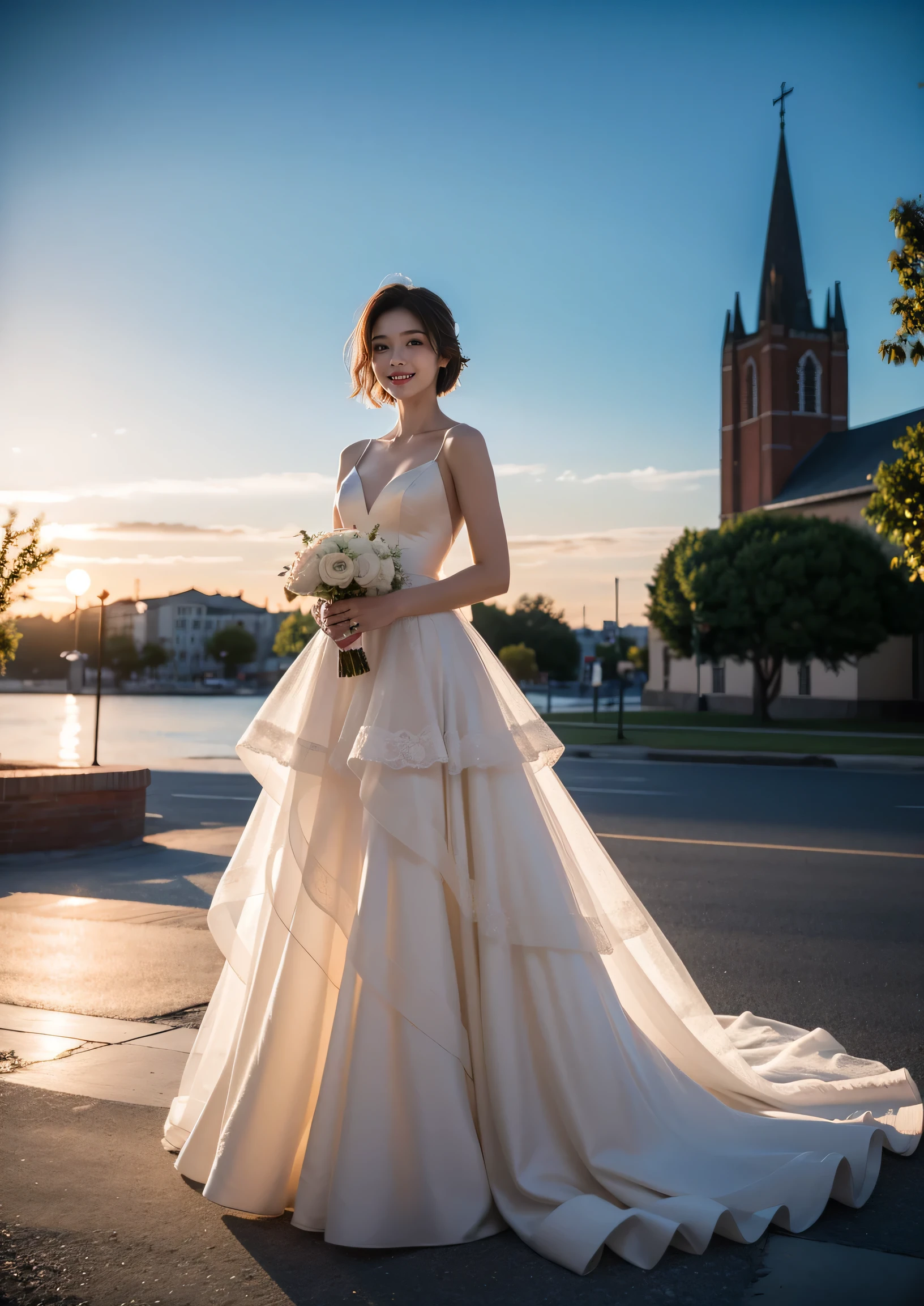 Beautiful 25 year old skinny woman。She is wearing a wedding dress. She is smiling on illuminated by the evening church lights on the romantic sunset time. her dark brown hair. High resolution、masterpiece、highest quality、頭w:1.0、((Hasselblad Photos))、fine skin、(movie lighting)、clavicle . full body picture.