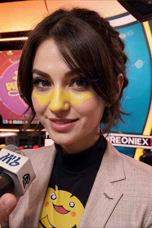 - A caricatured news anchor with exaggerated features, such as a large nose, expressive eyes, and an arched eyebrow, conveying irony.
- The anchor should be wearing a traditional news anchor suit but with a humorous twist, like a crooked tie or a slightly tight suit.
- Instead of holding a microphone, the anchor could be holding something unexpected or funny, like a rubber chicken or a megaphone covered in meme stickers.
- The background of the image could be a stylized version of a news studio, but with surreal or absurd elements, such as giant plants, a pink sky, or a banner with the "Treta News" logo made of confetti.
- The colors should be bright and eye-catching, with vibrant shades of red, blue, and yellow to highlight the comedic nature of the channel.