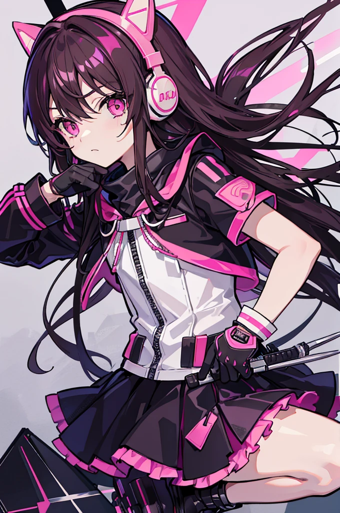 hyper cute shota wearing black pink assassin uniform gloves,Brown long hair,pink frill clothes,headphone,
Gyaru,assassin knife,